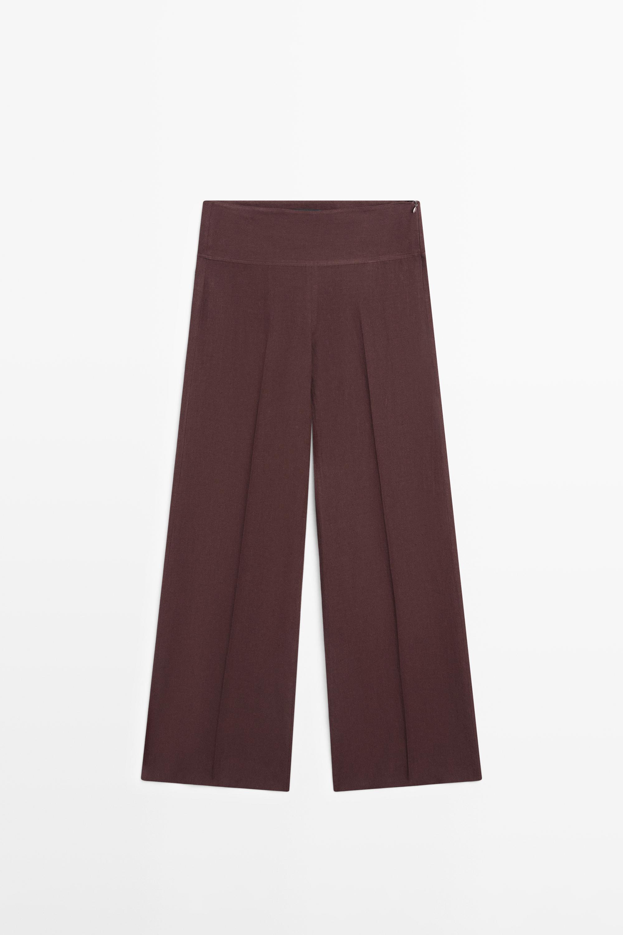 100% linen mid-waist flared pants Maroon