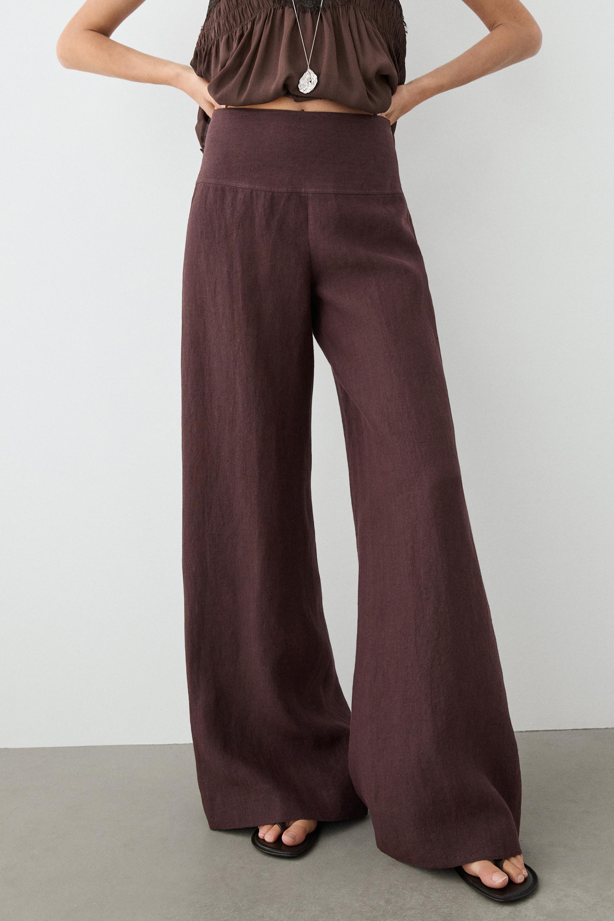 100% linen mid-waist flared pants Maroon