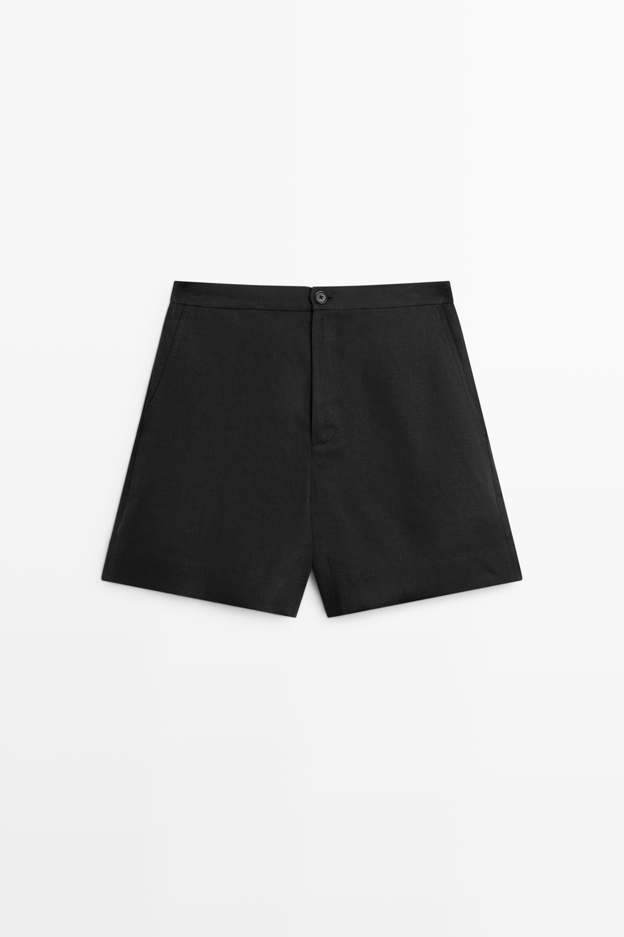 100% linen short Bermuda shorts Black