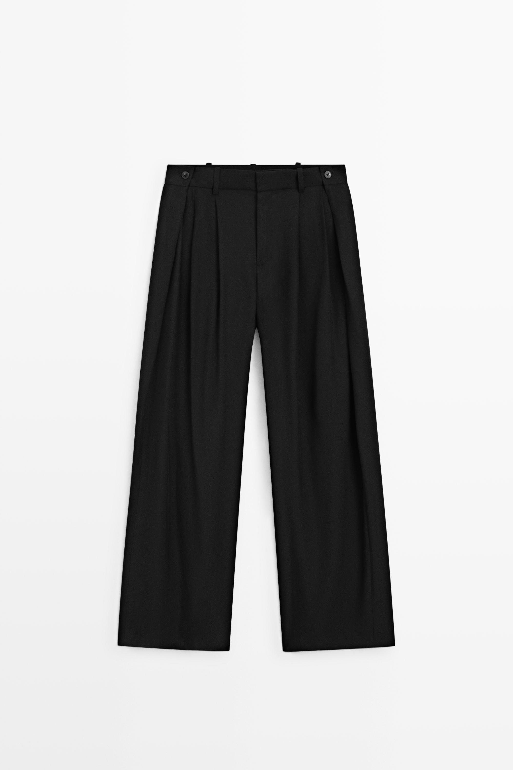 Flowing pleated pants with button detail Black
