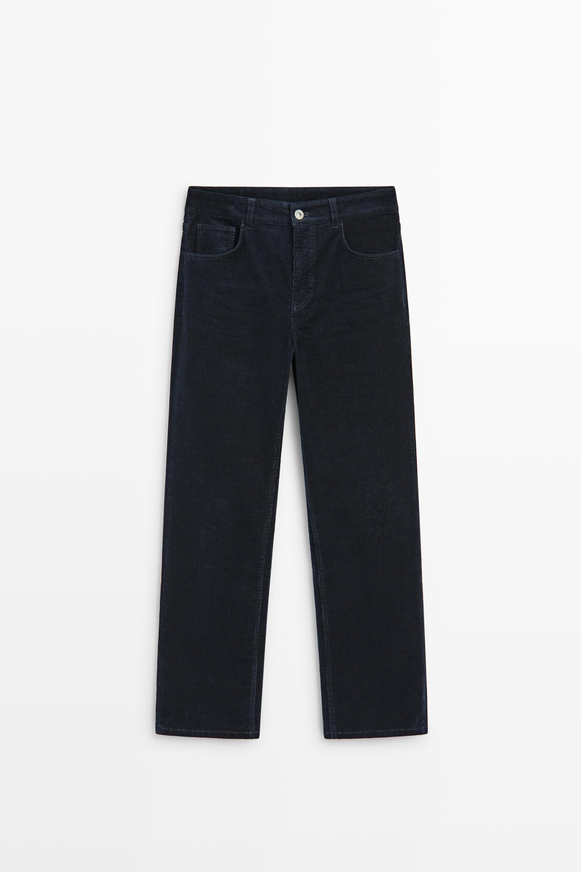 Mid-waist slim straight needlecord pants Navy Blue