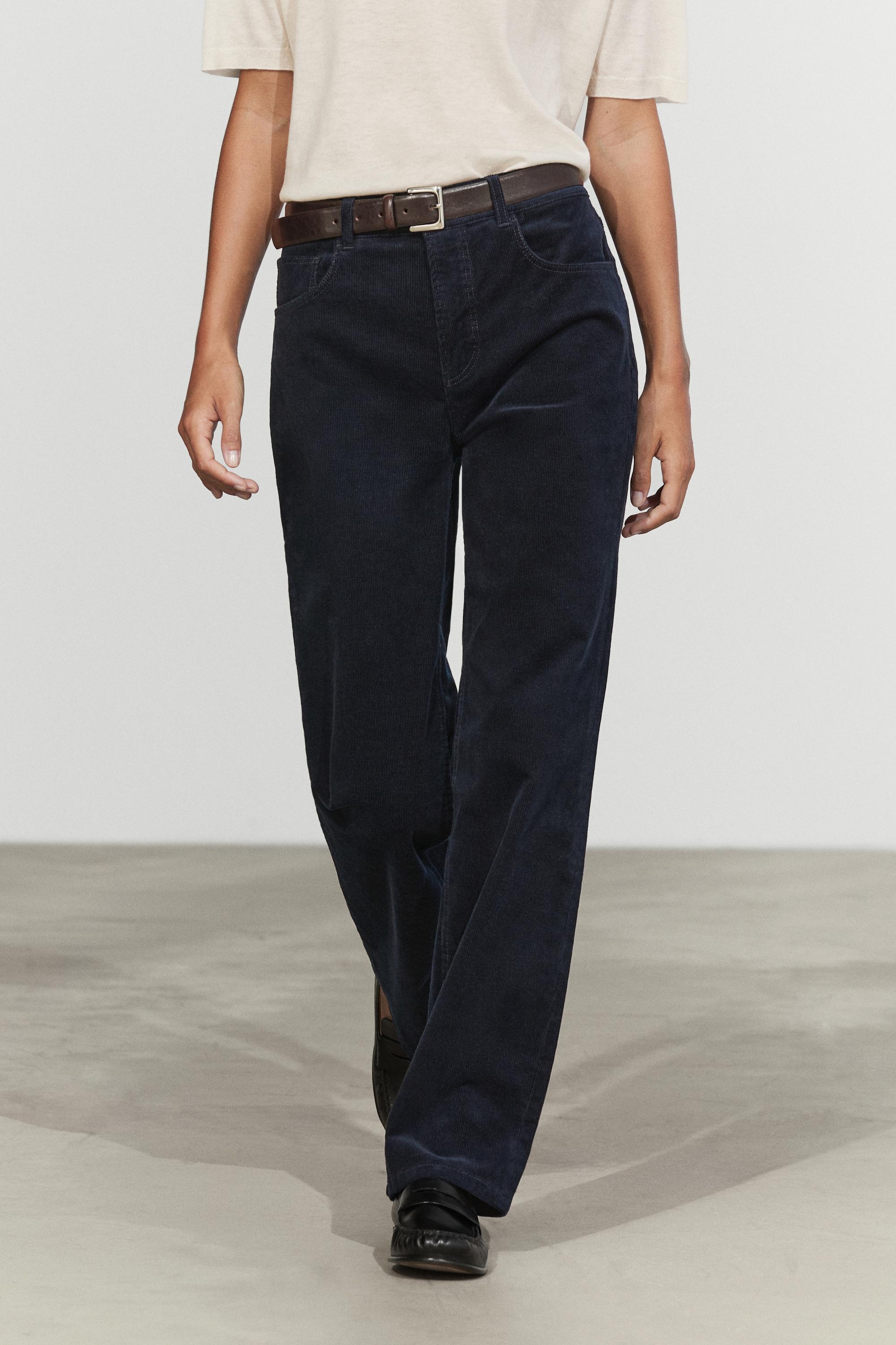 Mid-waist slim straight needlecord pants Navy Blue