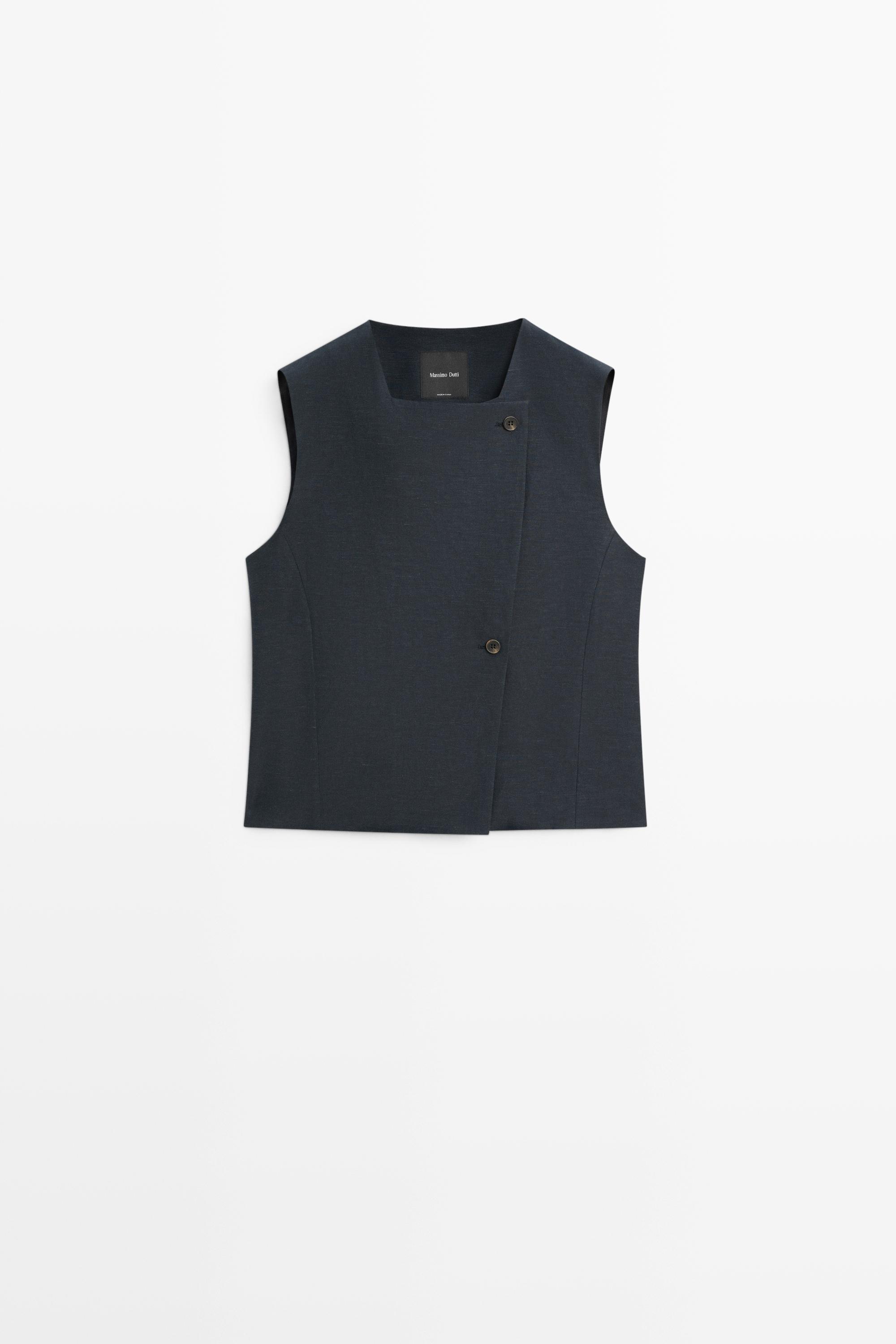 Linen blend asymmetric button-up vest Navy Blue