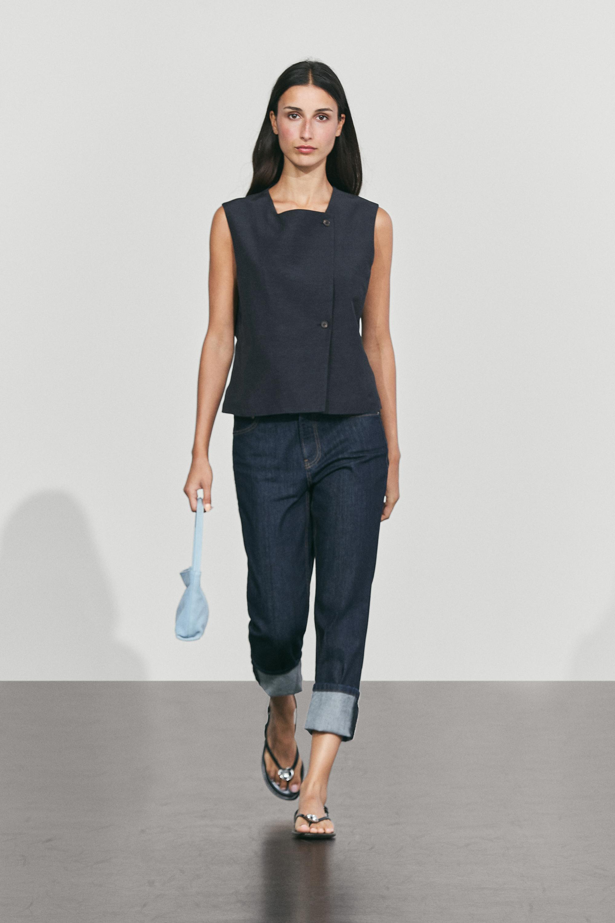 Linen blend asymmetric button-up vest Navy Blue