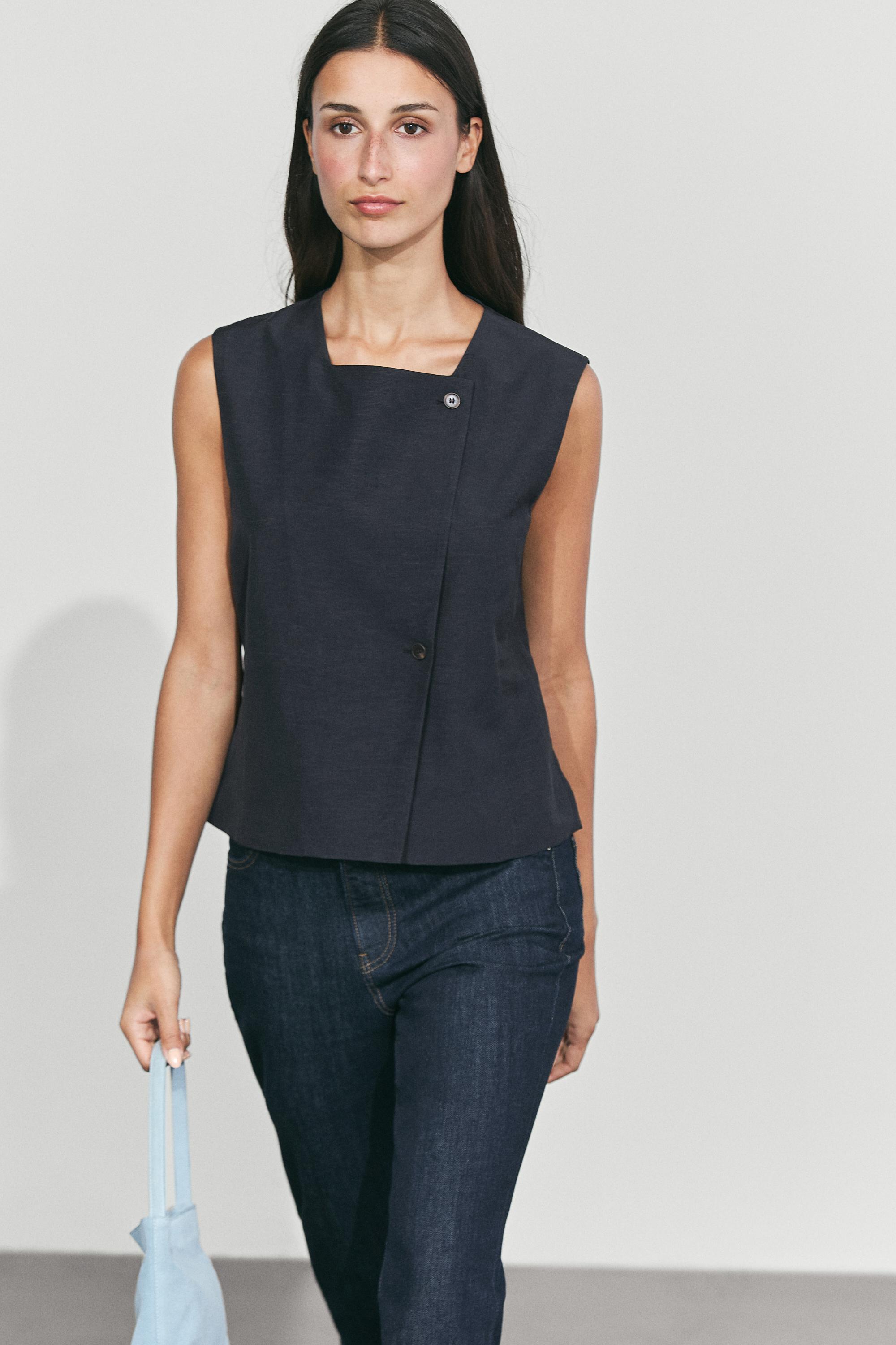 Linen blend asymmetric button-up vest Navy Blue