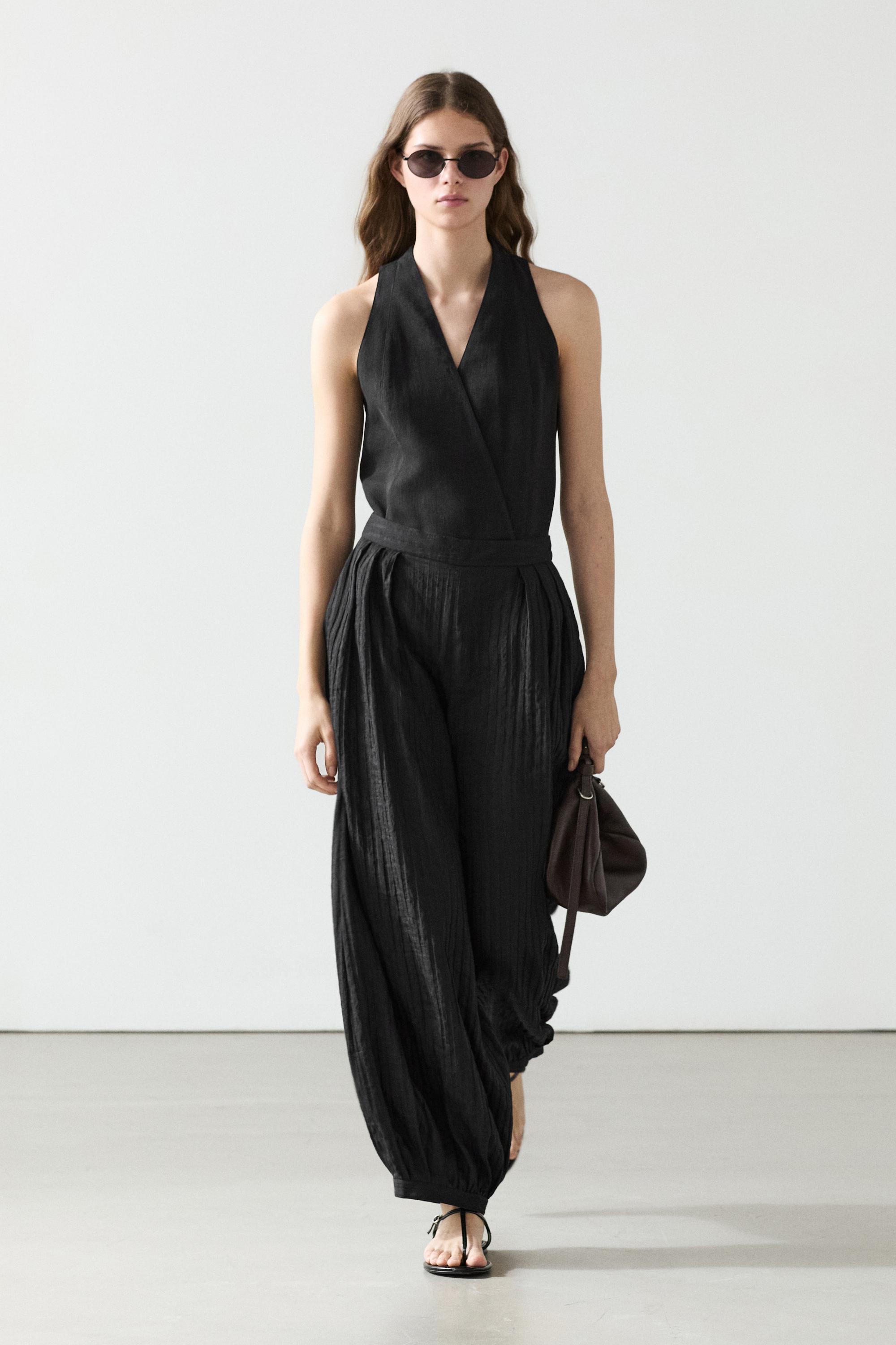 Flowing linen-blend drop crotch pants Black