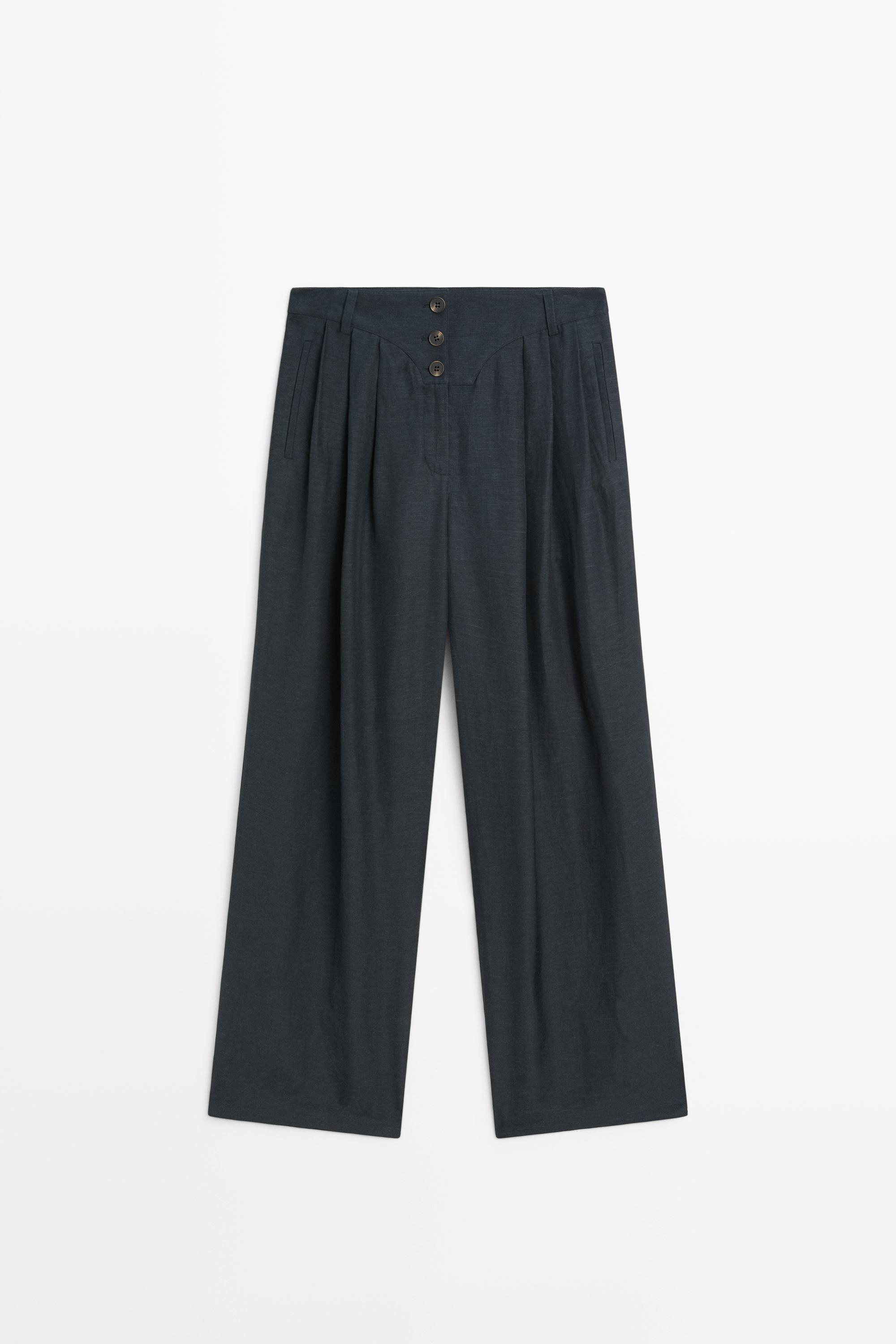 Linen-blend button-detail pants Navy Blue