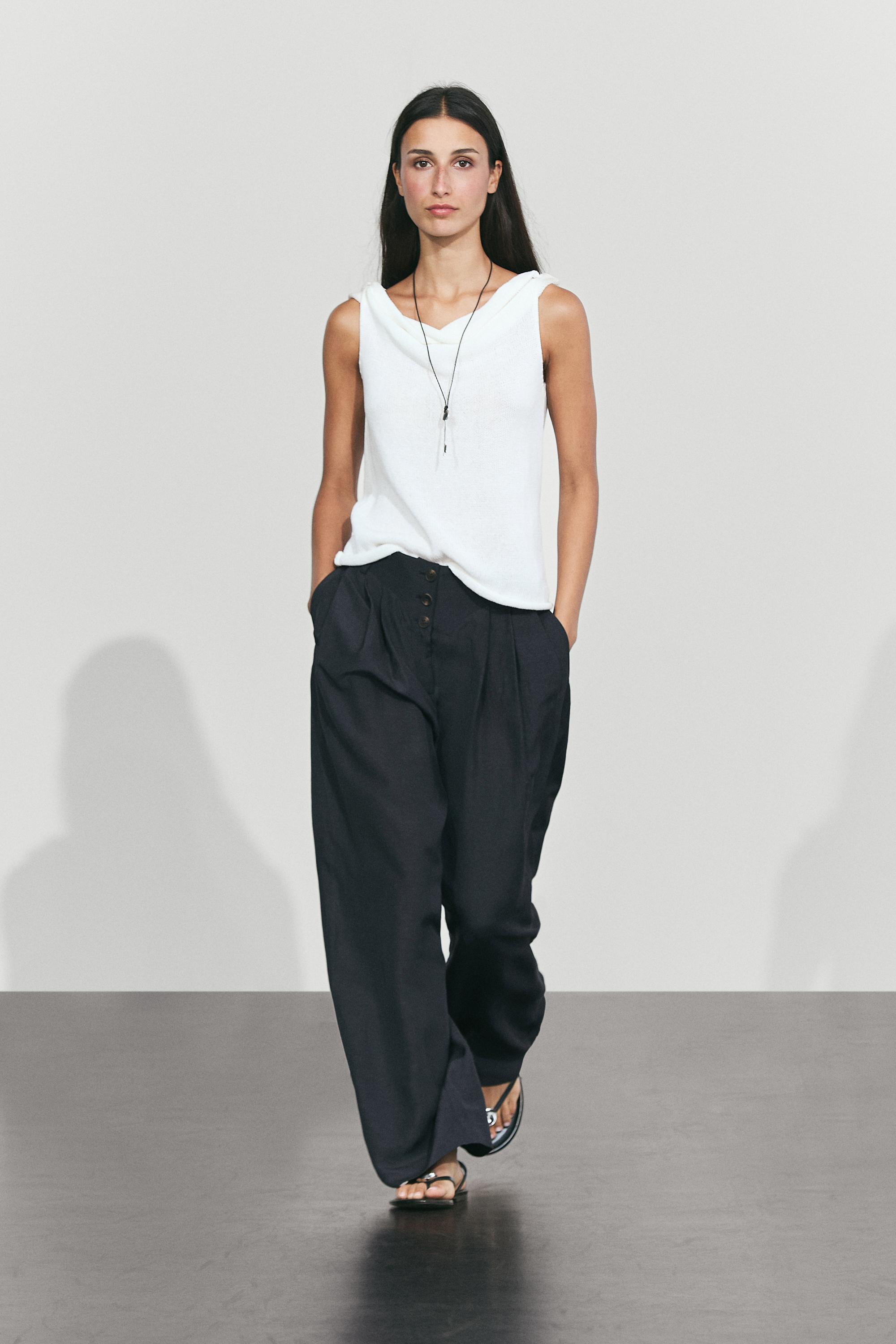 Linen-blend button-detail pants Navy Blue