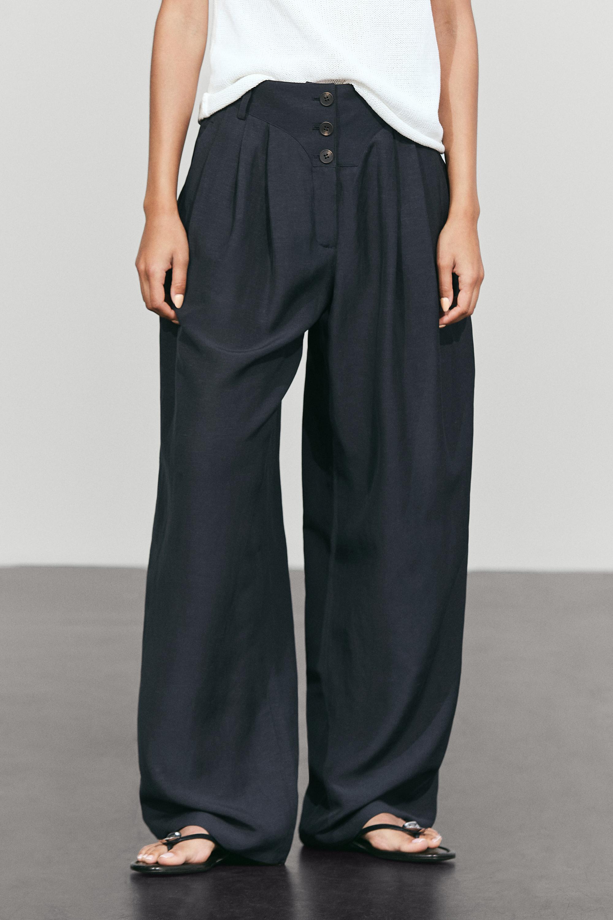Linen-blend button-detail pants Navy Blue