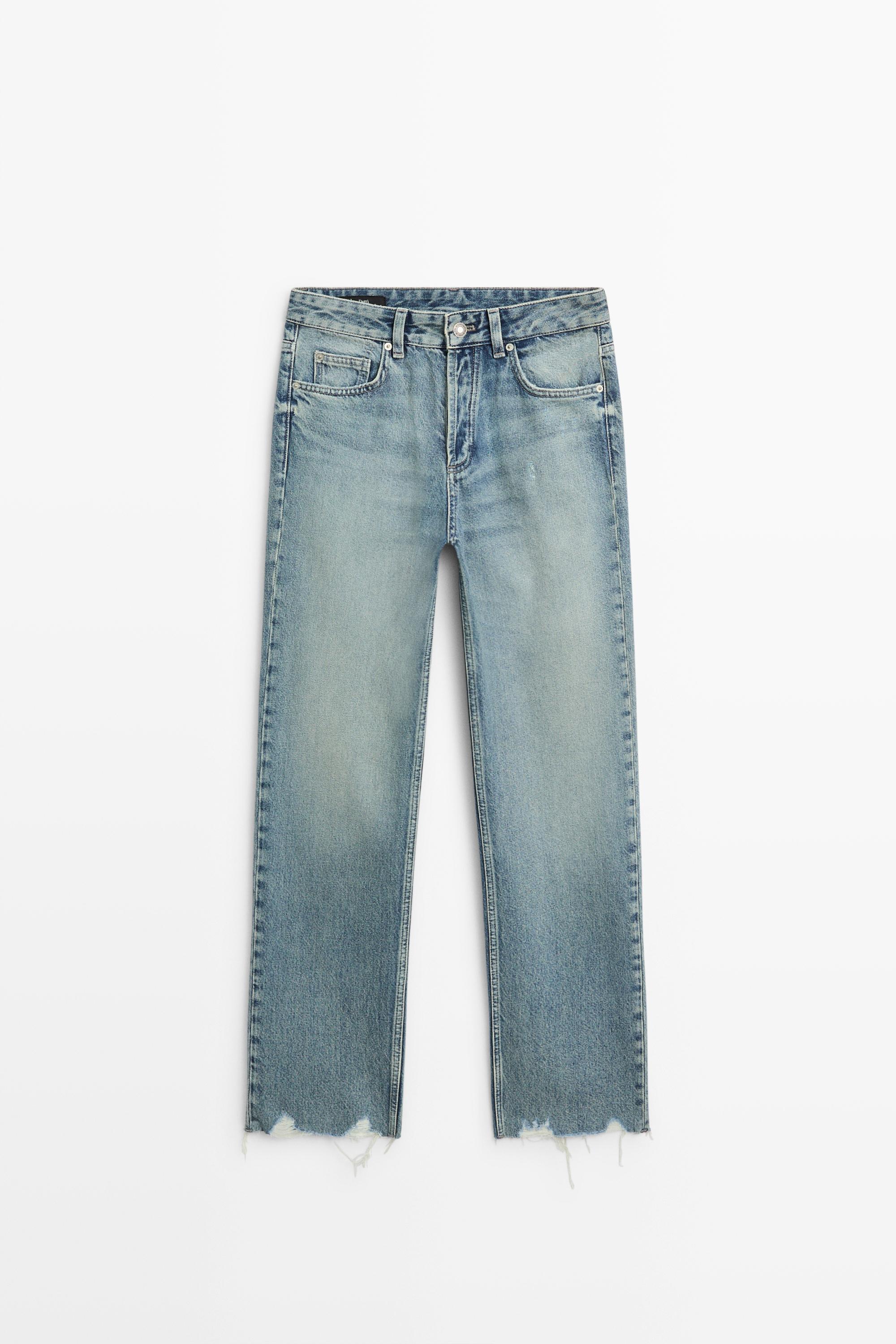Mid-waist stovepipe jeans with frayed hems Light Blue