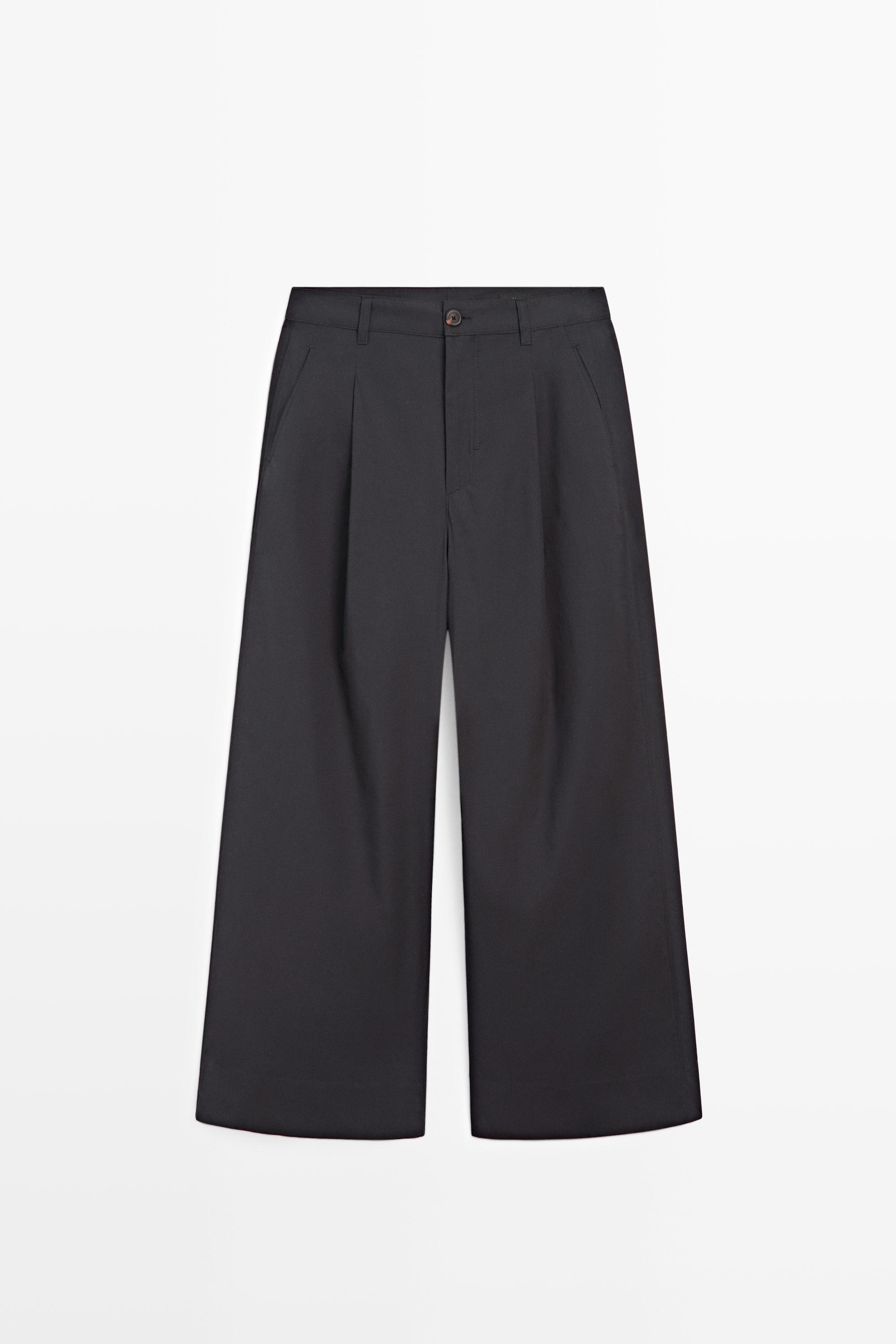 Cotton blend wide-leg pleated trousers Deep Blue