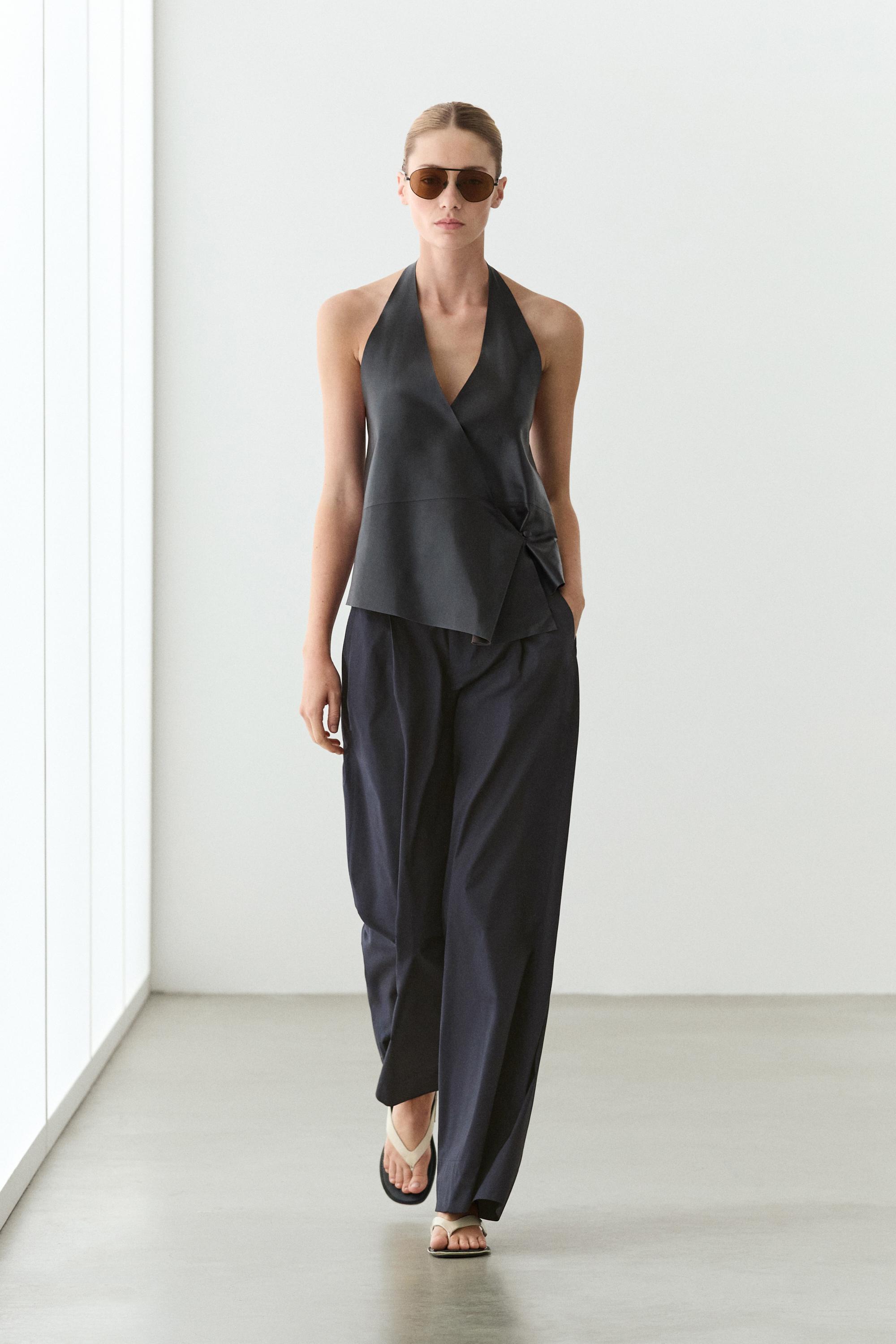 Cotton blend wide-leg pleated trousers Deep Blue
