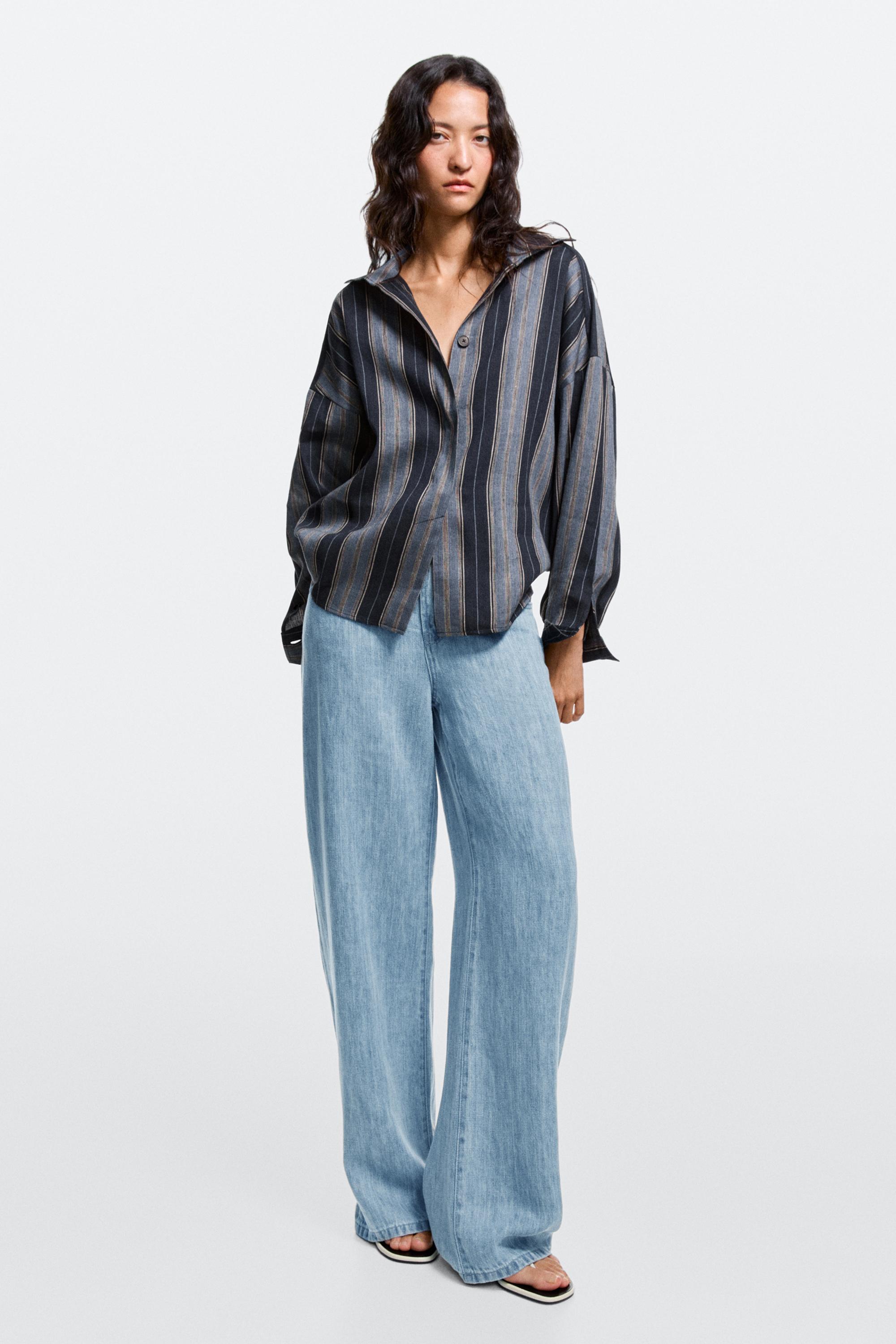 100% linen high-waist barrel fit jeans Light Blue