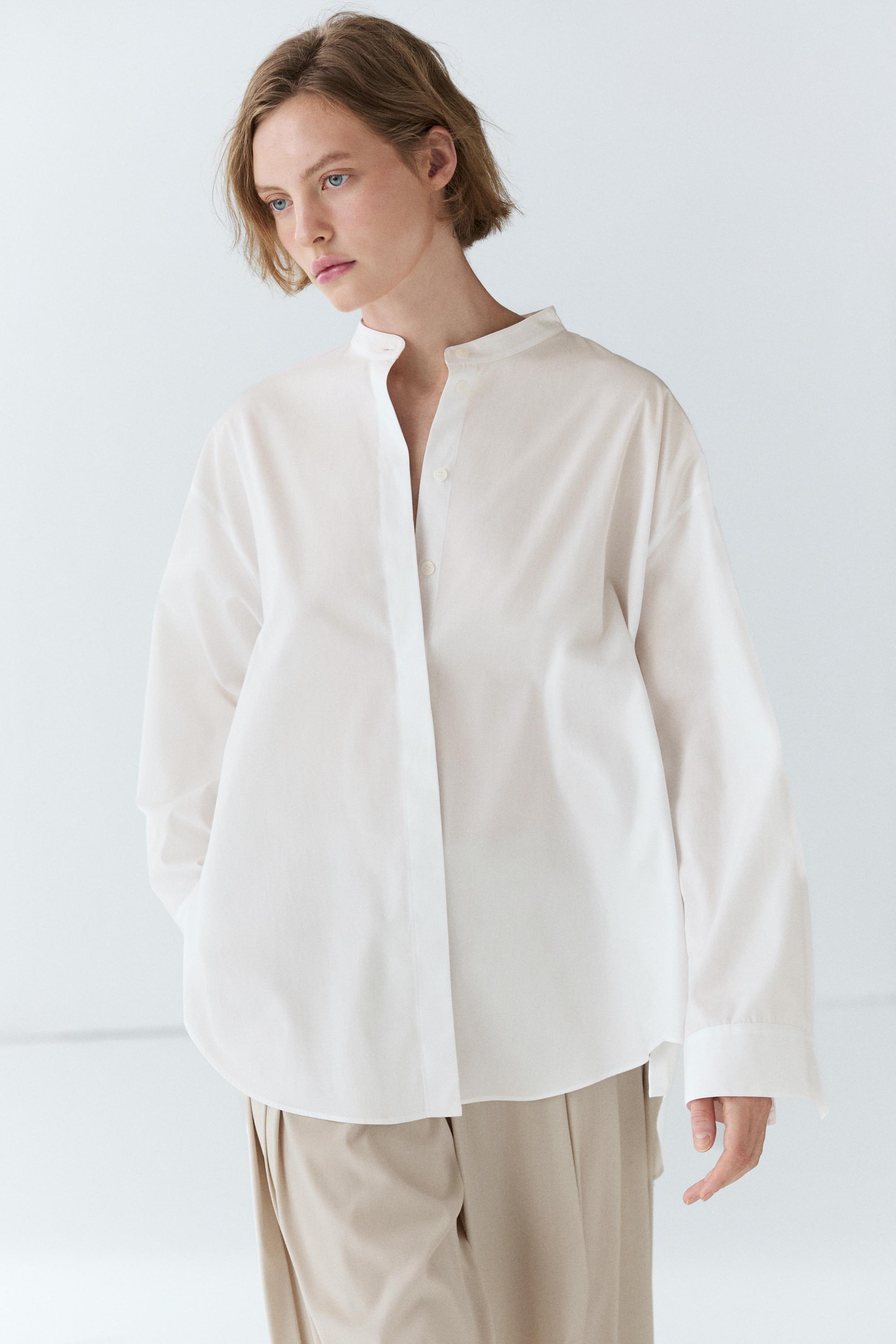 Poplin shirt with stand collar White
