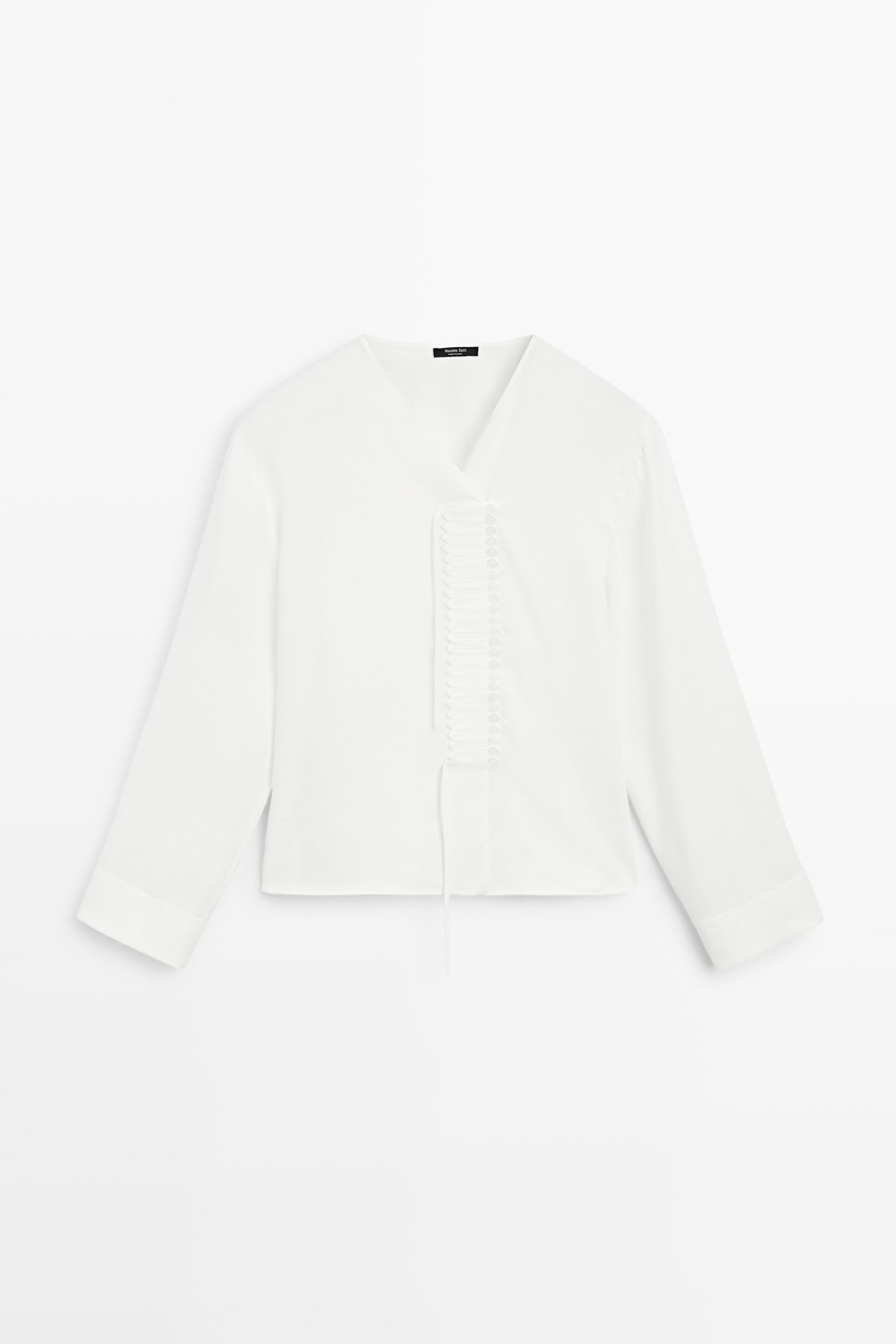 Flowing linen blend blouse with button detail White