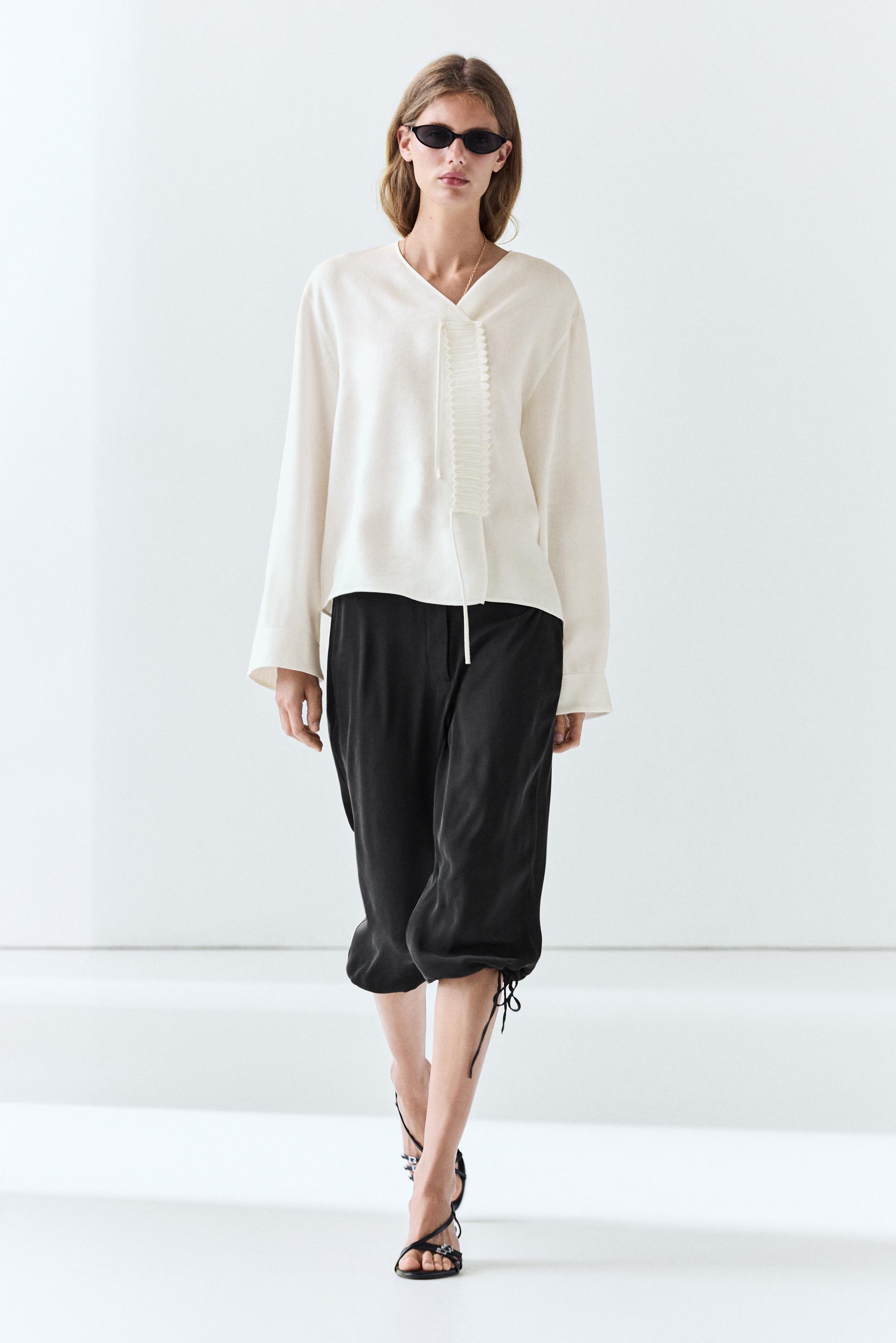 Flowing linen blend blouse with button detail White