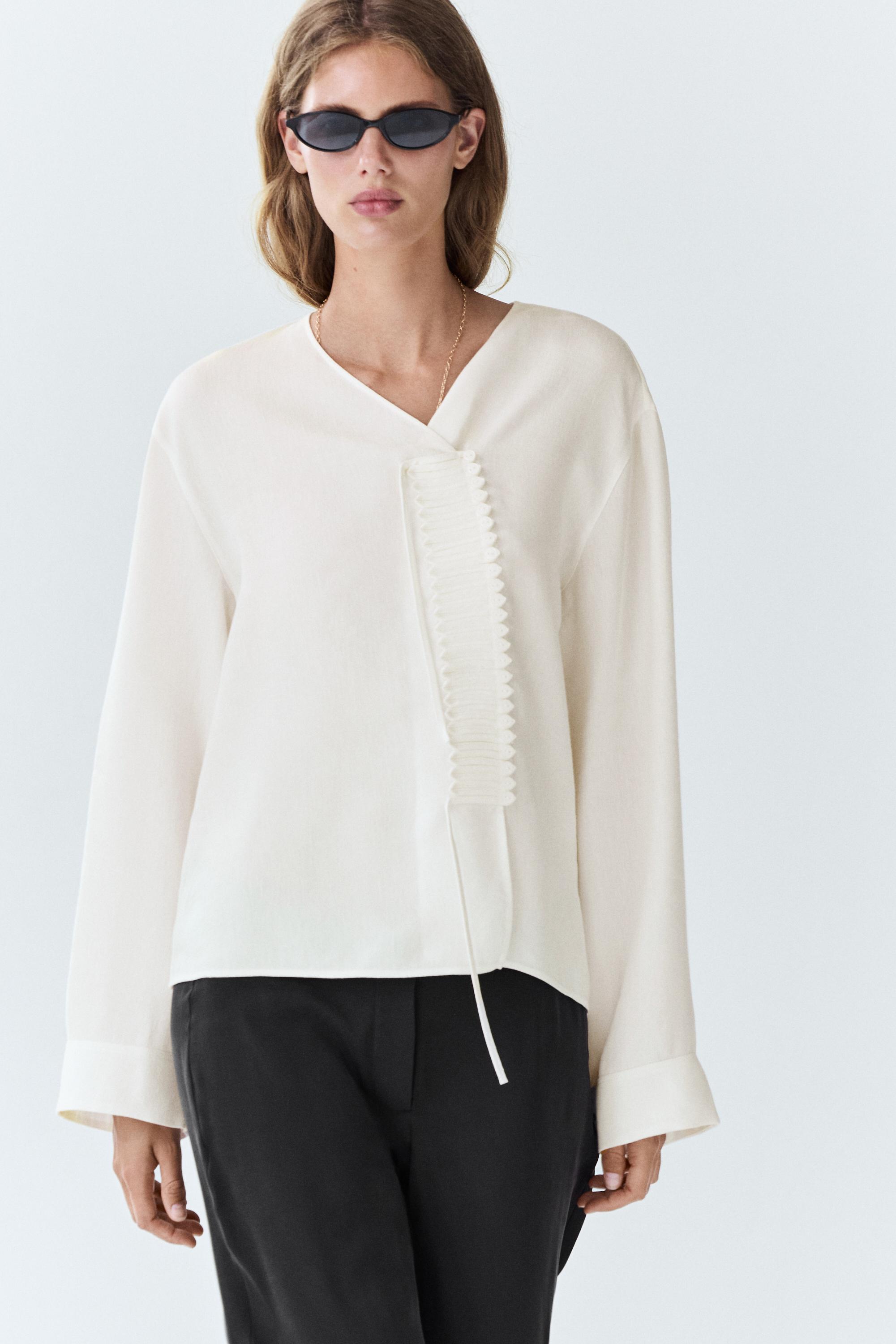 Flowing linen blend blouse with button detail White