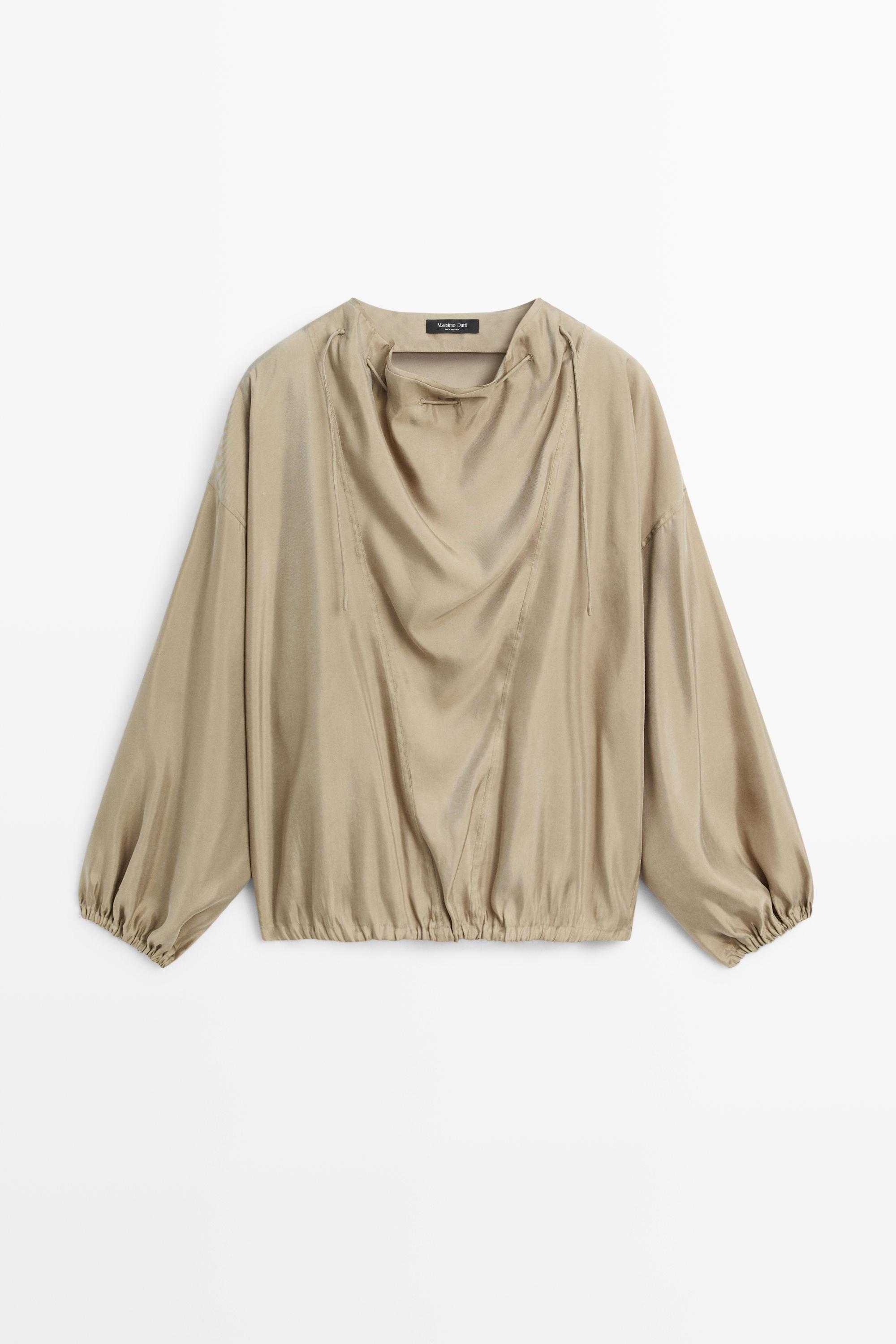 Fluid blouse with neck drawstring detail Stone