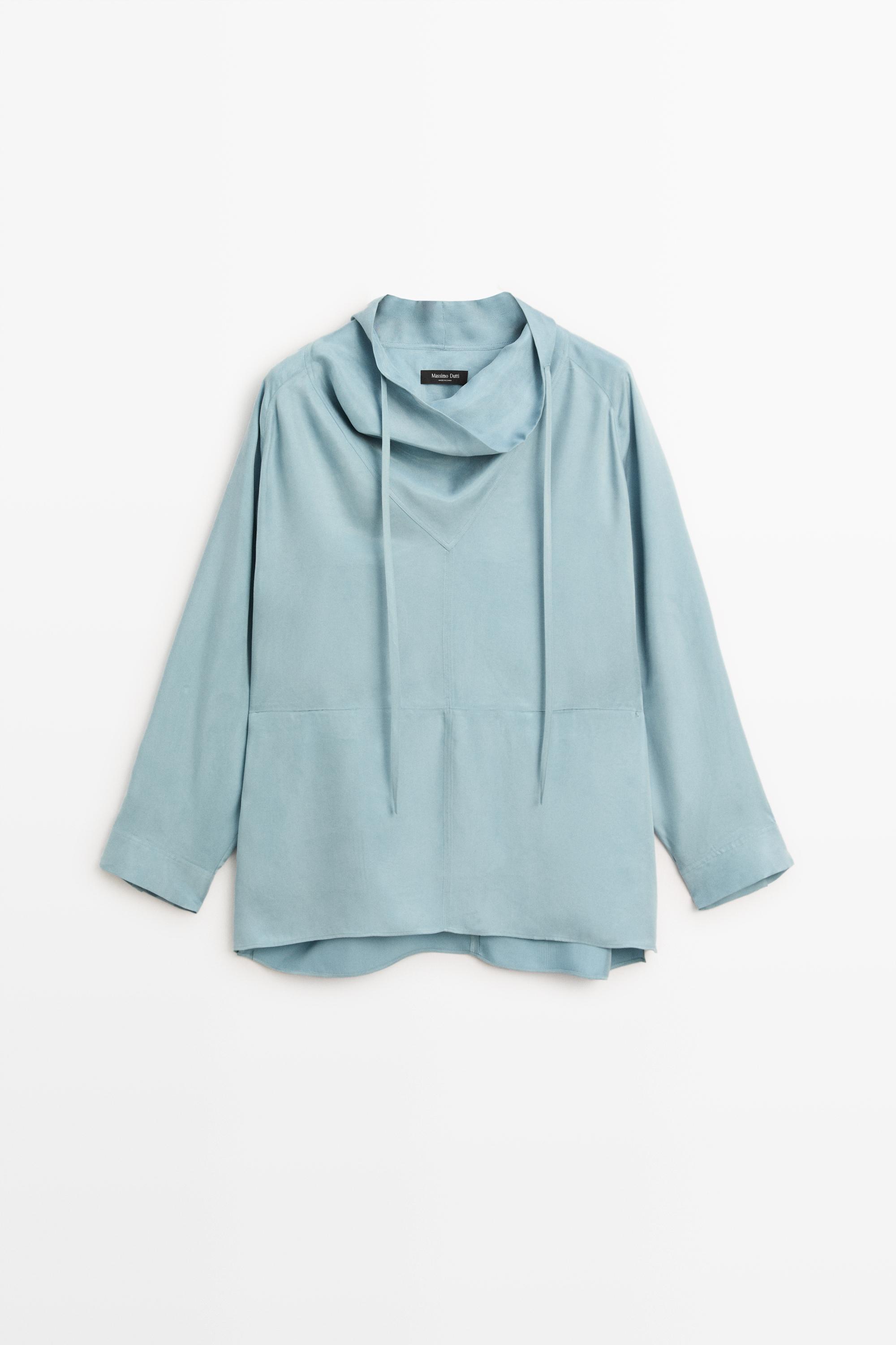 Flowing shirt with high collar and drawstring detail Grey Blue