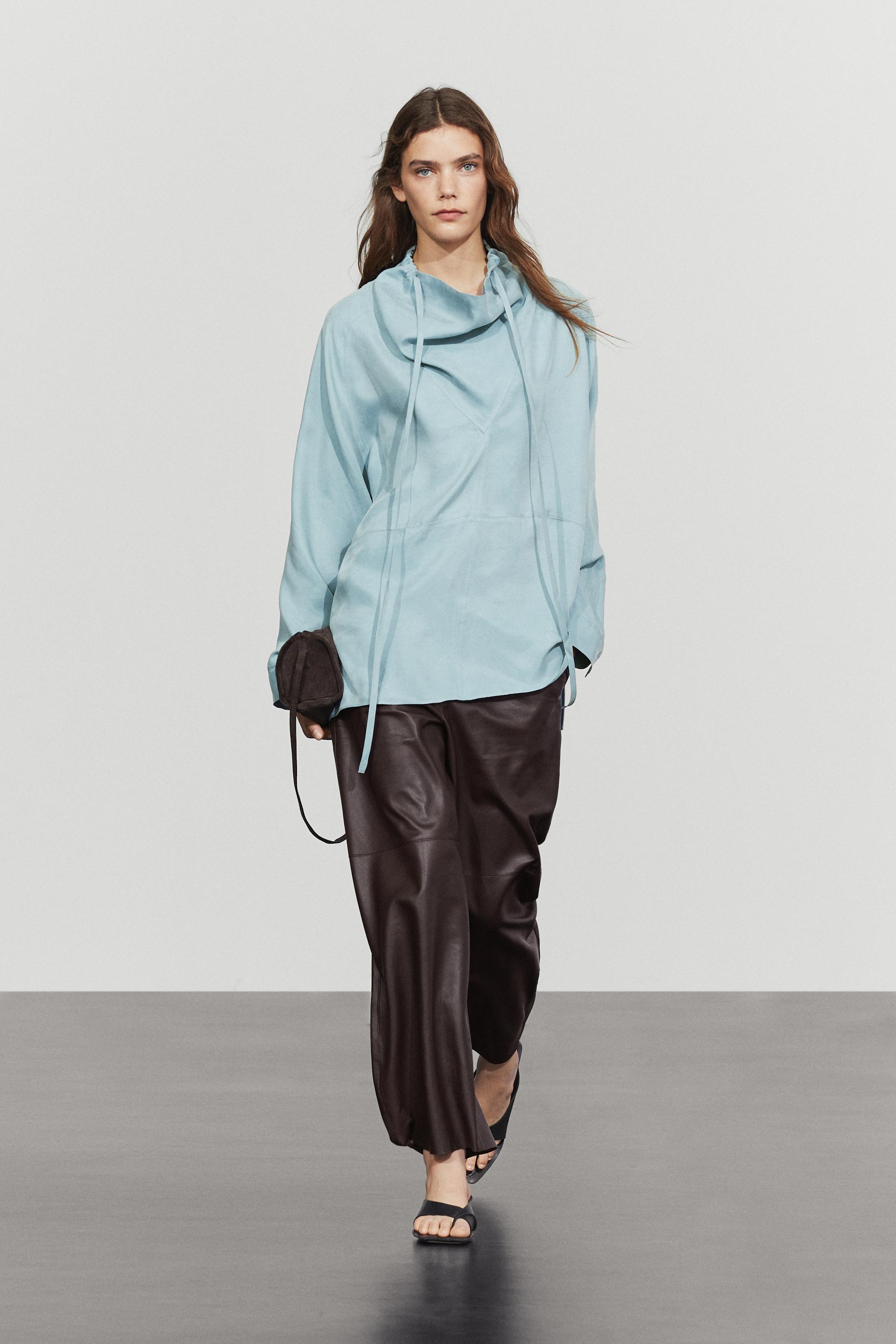 Flowing shirt with high collar and drawstring detail Grey Blue