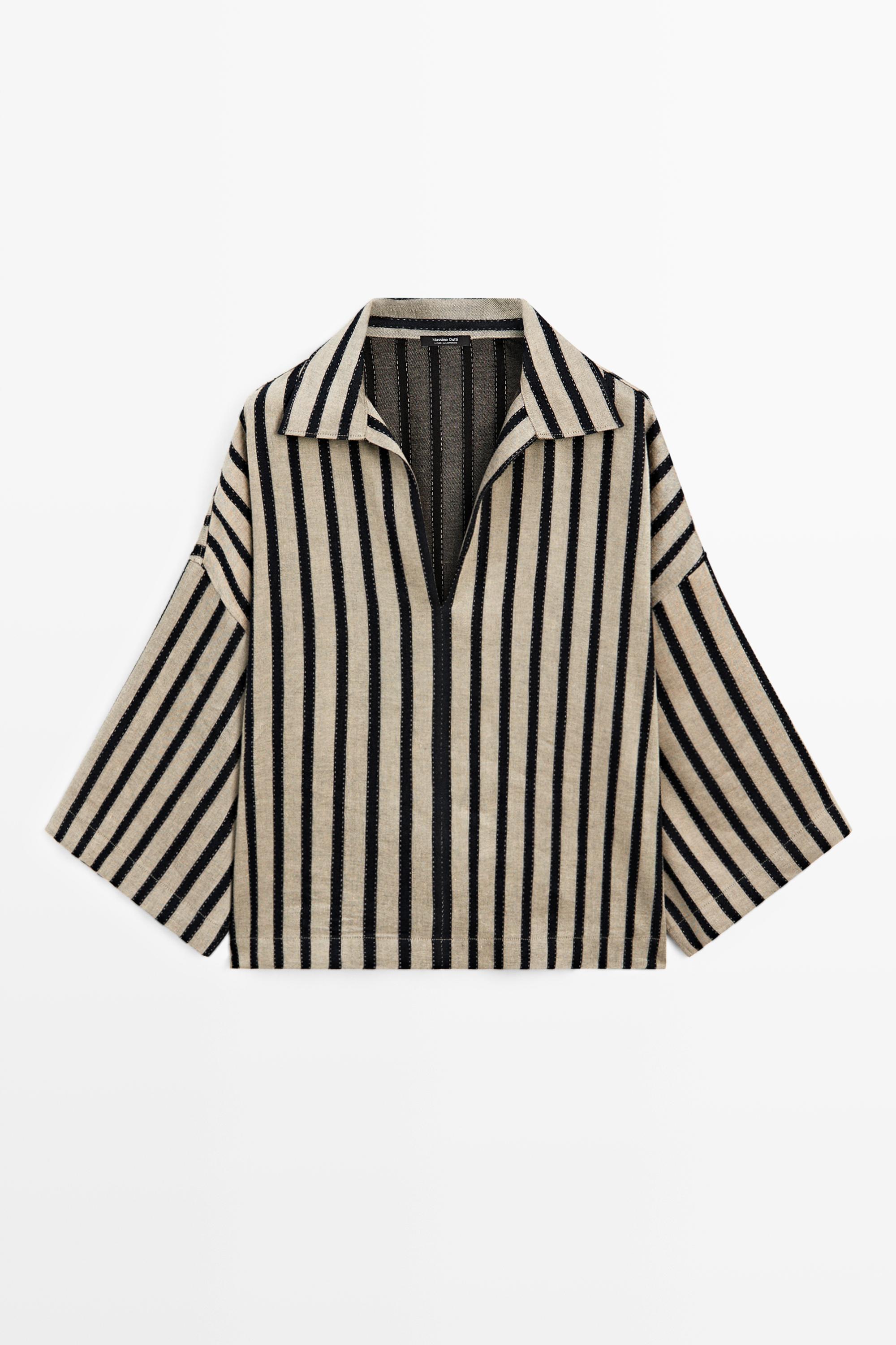 Oversize striped linen blend blouse Sand