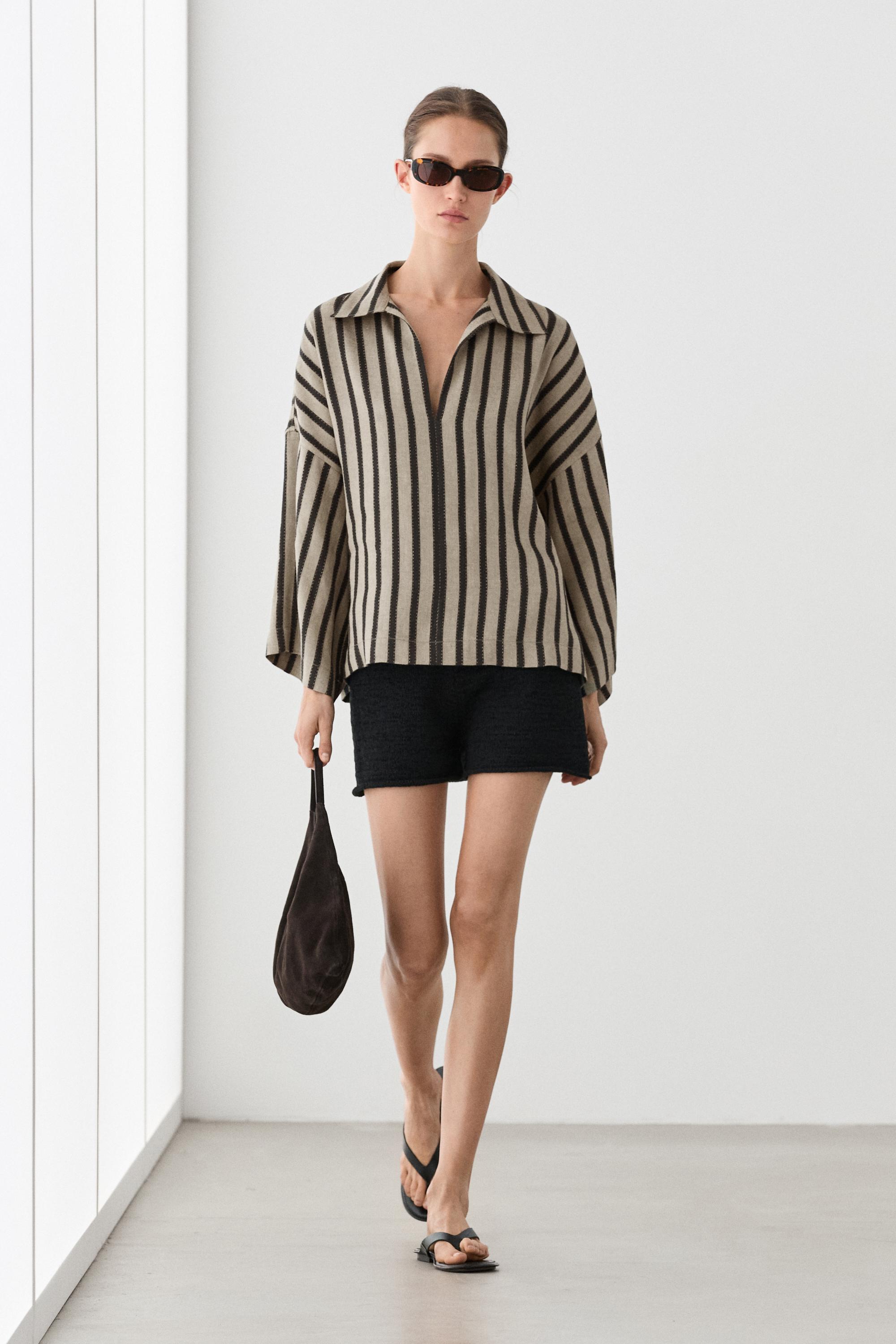 Oversize striped linen blend blouse Sand