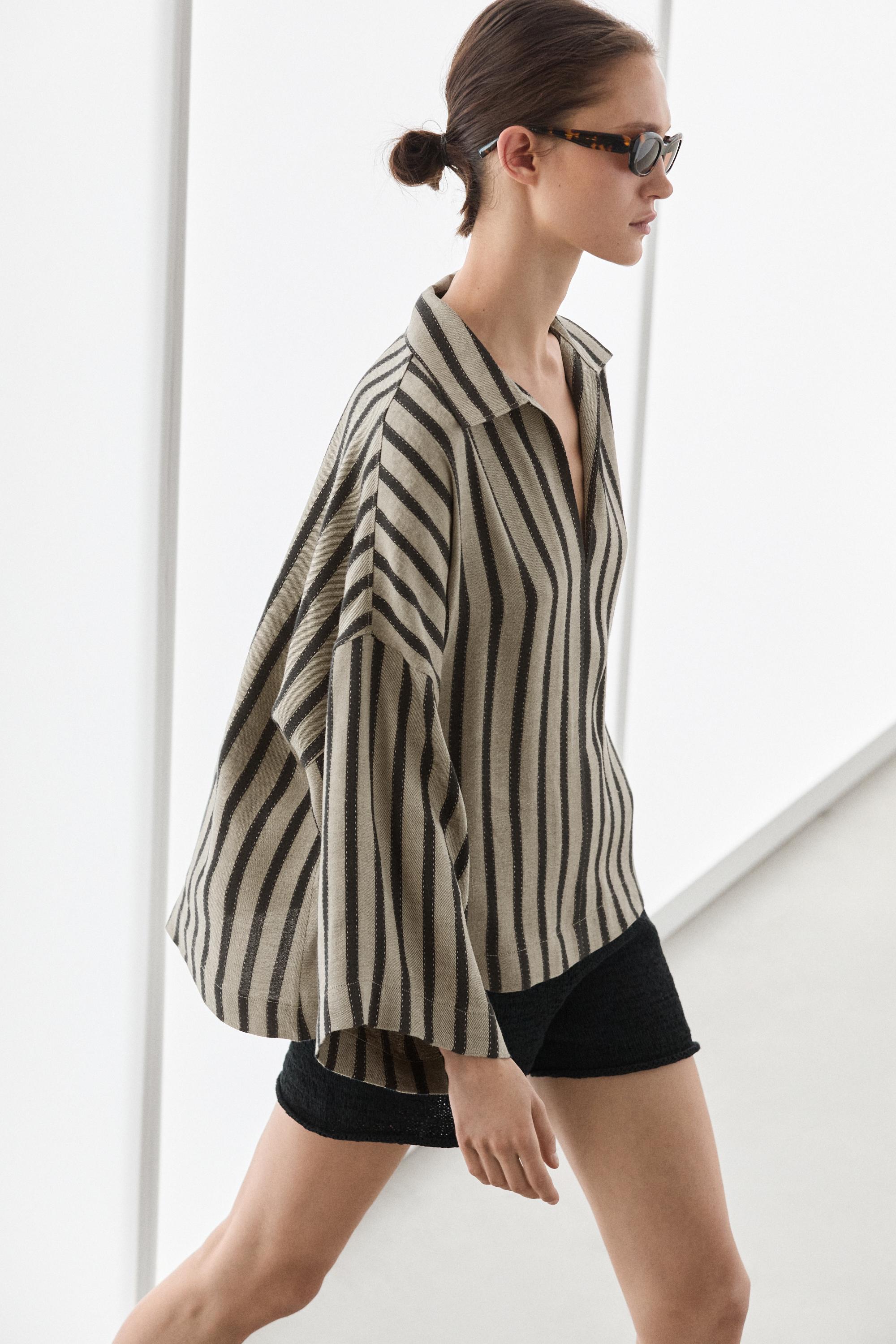 Oversize striped linen blend blouse Sand