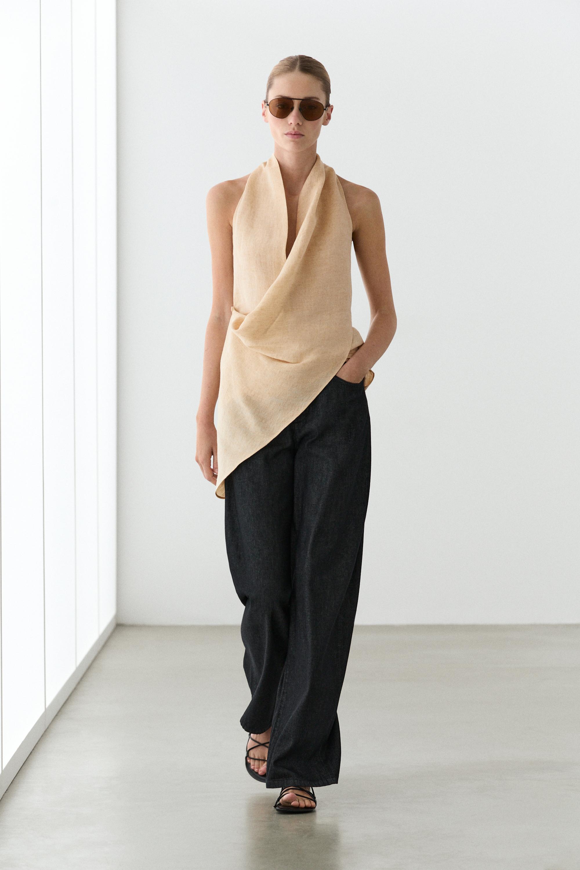 Linen blend draped halter top Stone