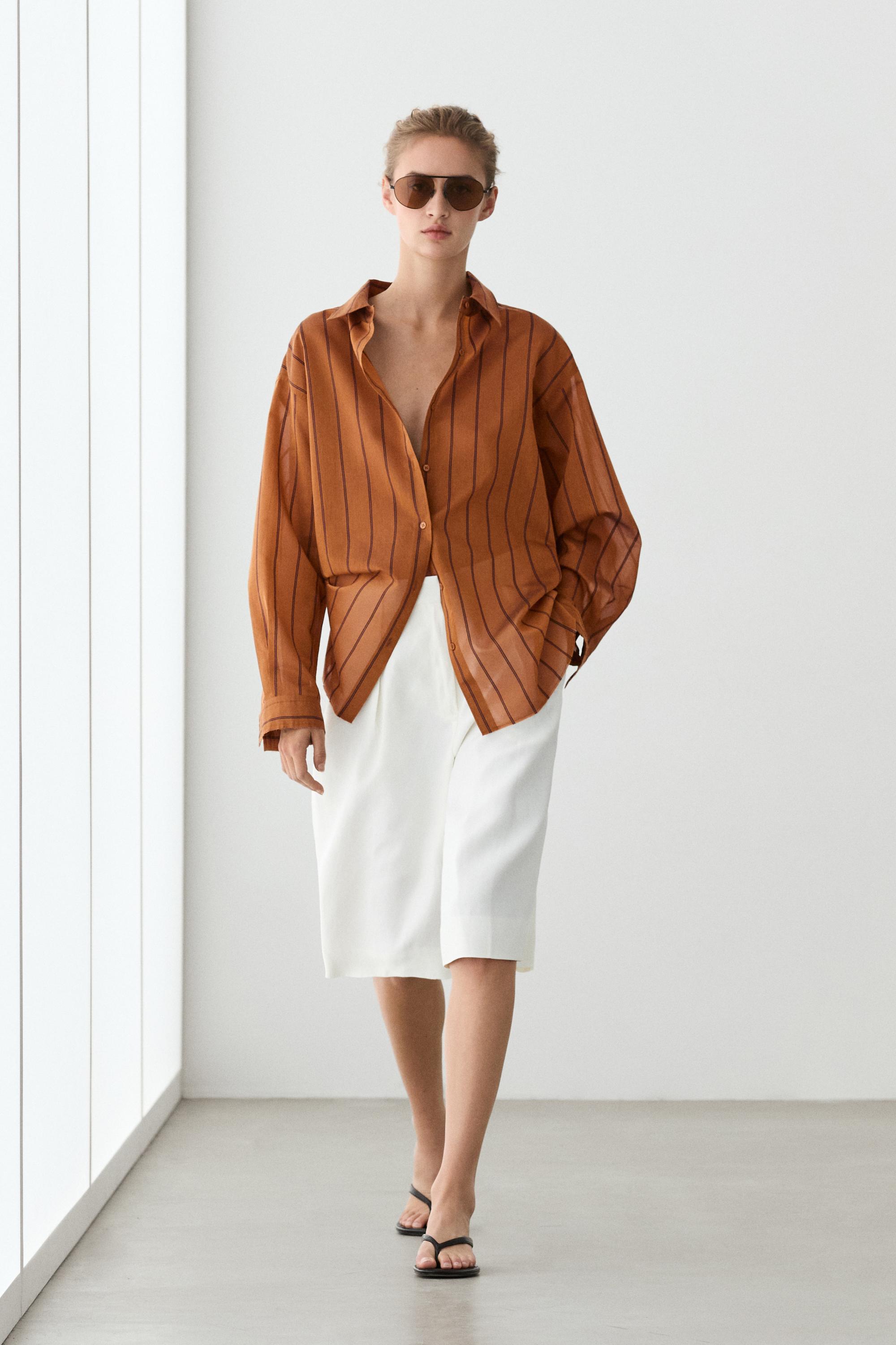 Striped fluid cotton and silk blend shirt Orange