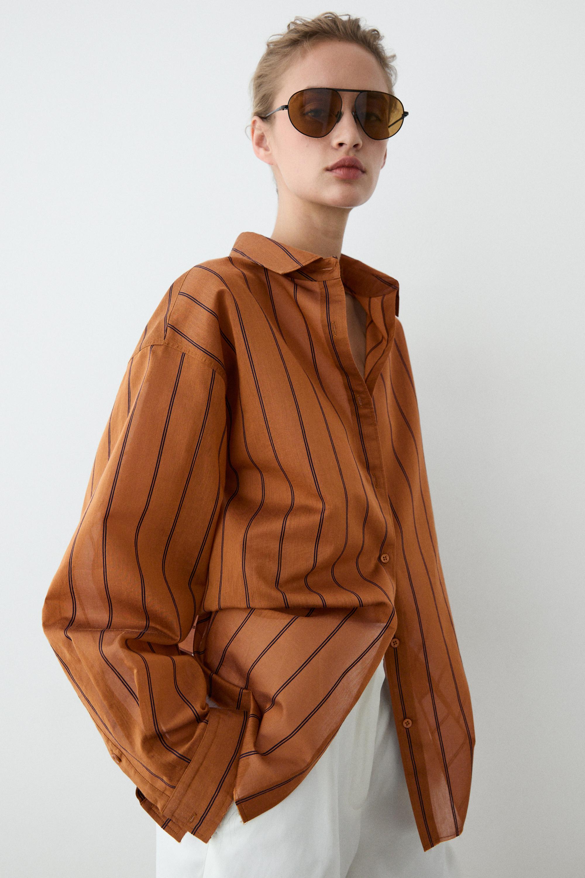 Striped fluid cotton and silk blend shirt Orange