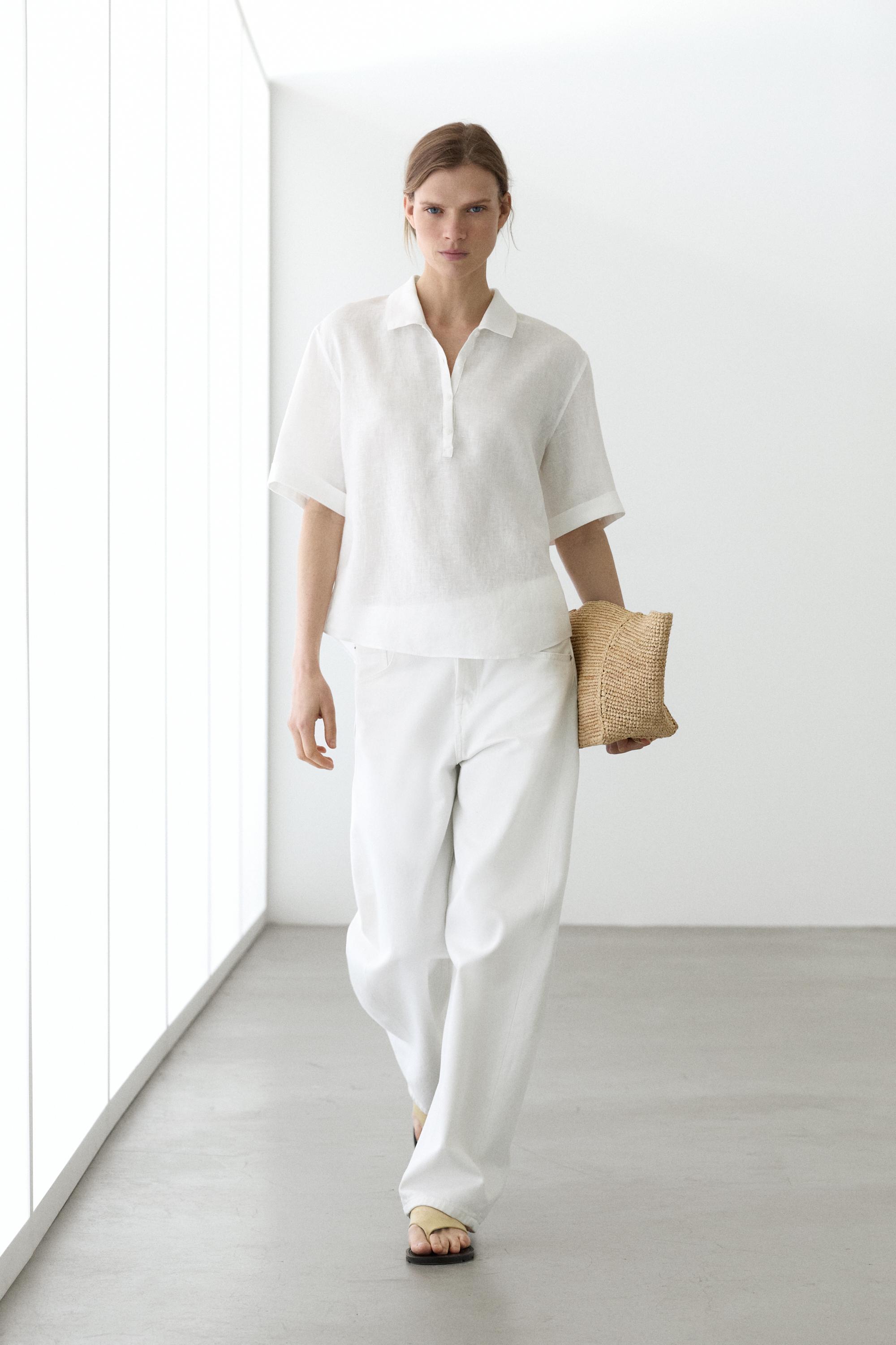 Short sleeve linen polo shirt White