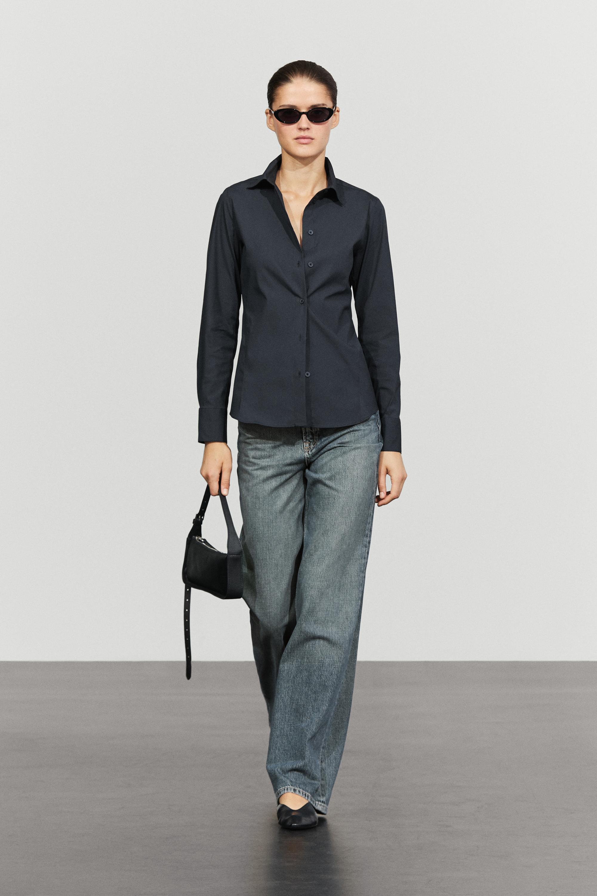 Cotton blend poplin shirt Navy Blue