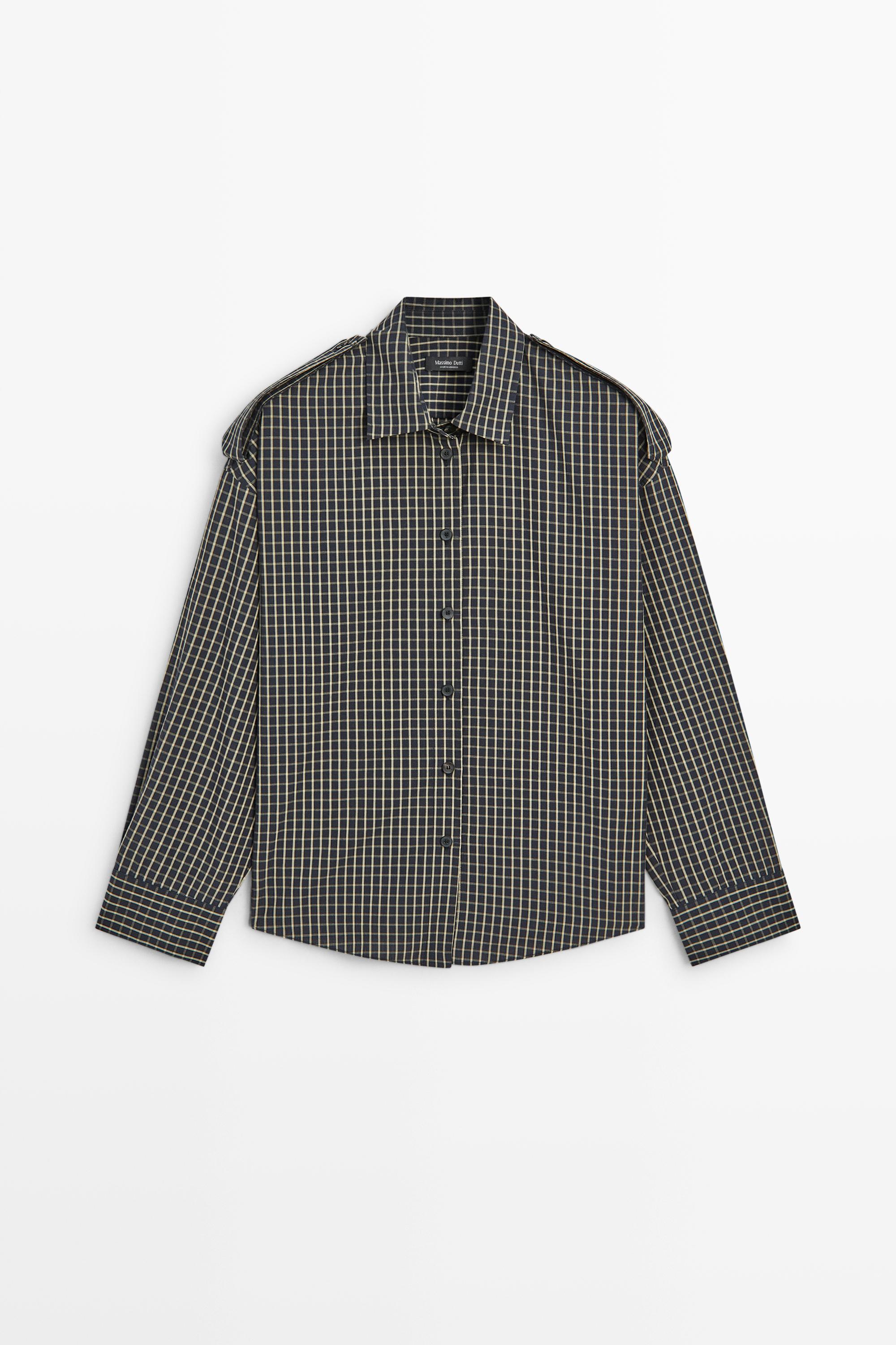 100% cotton check shirt with shoulder detail Dark Blue