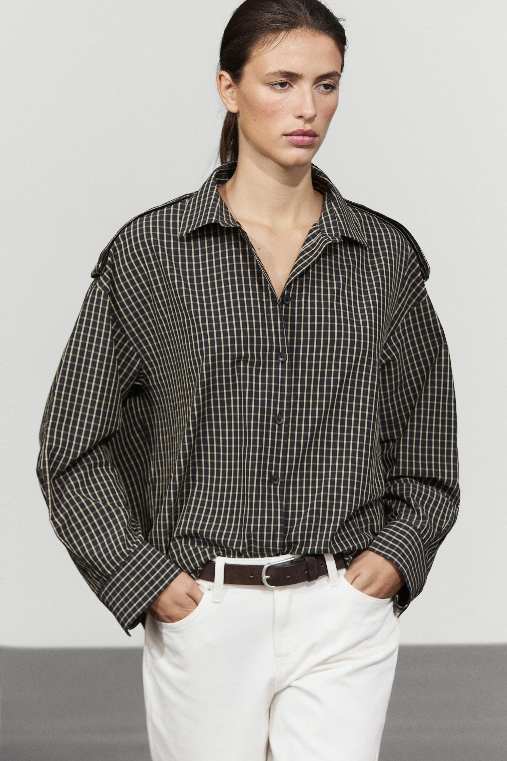 100% cotton check shirt with shoulder detail Dark Blue