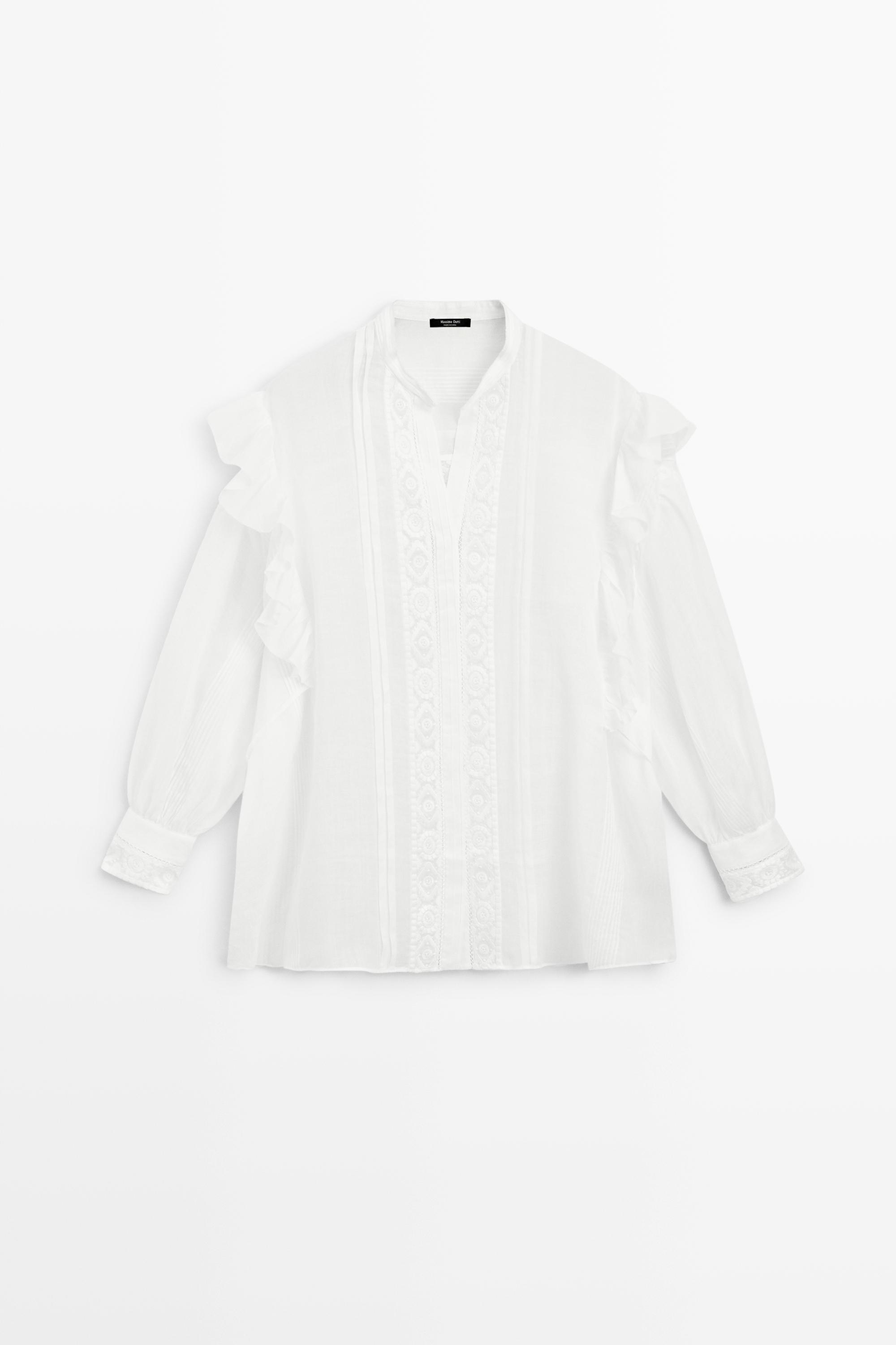 Stand collar blouse with embroidery and ruffles White