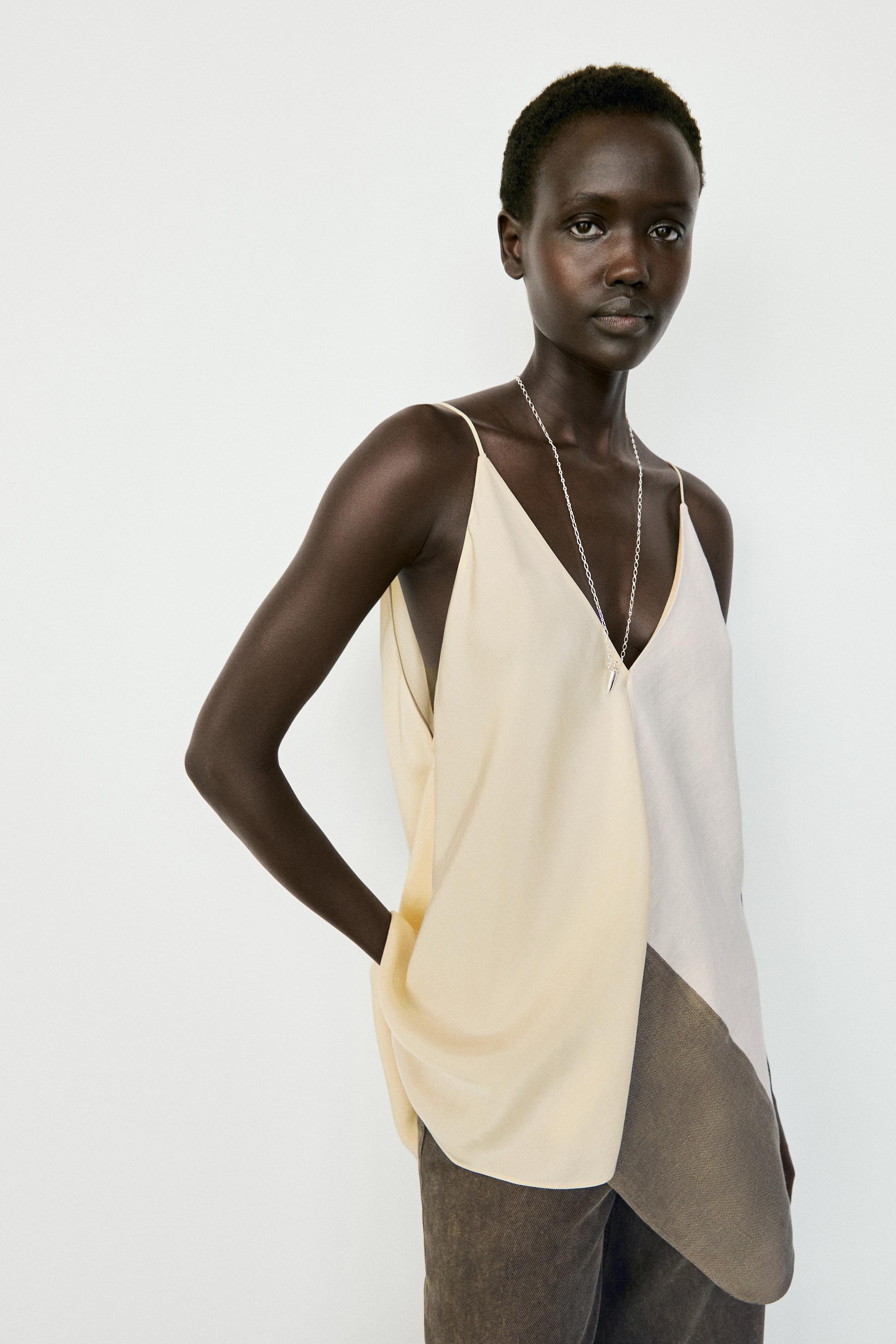Asymmetric strappy flowing top Cream