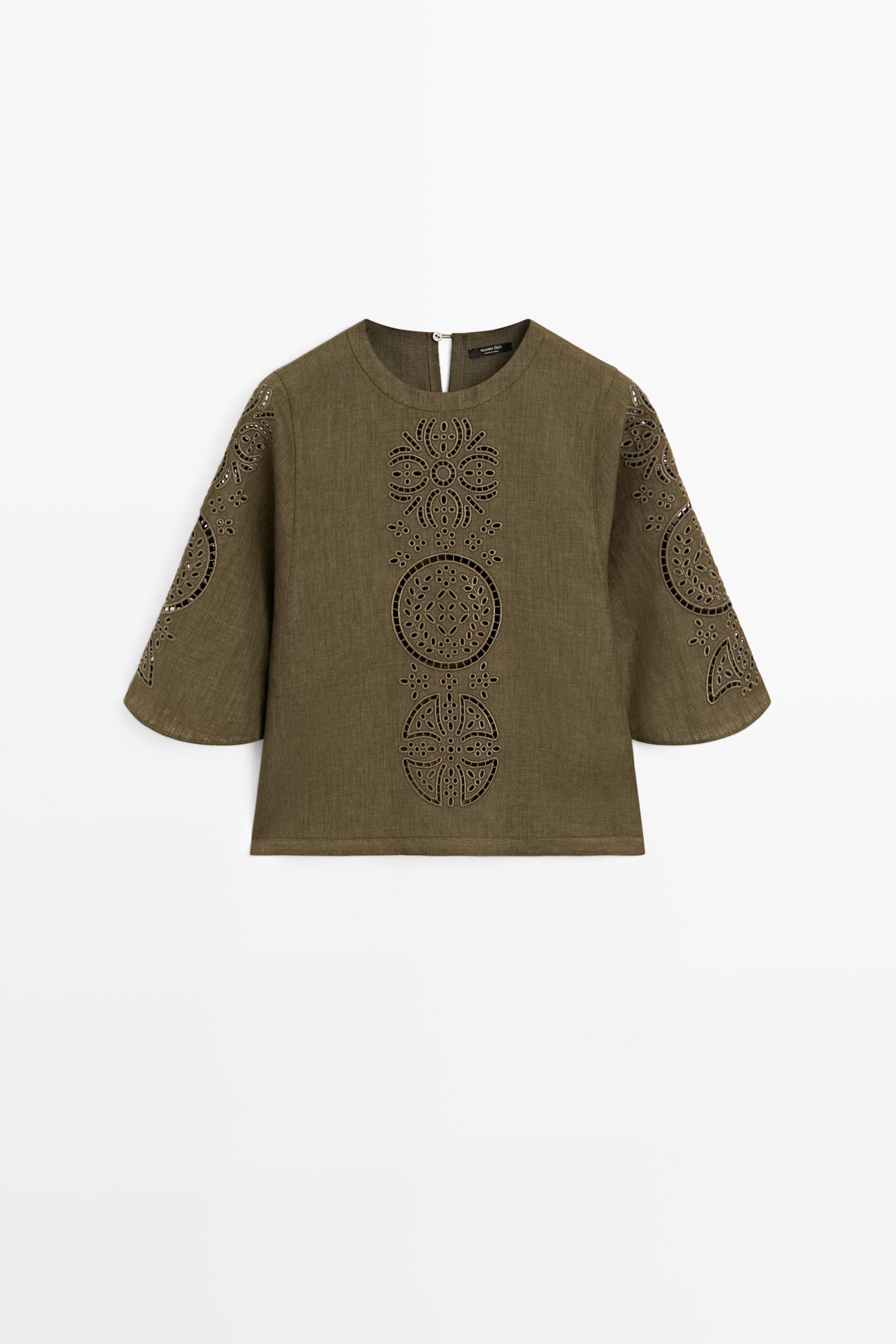 Linen blend blouse with embroidered details Green