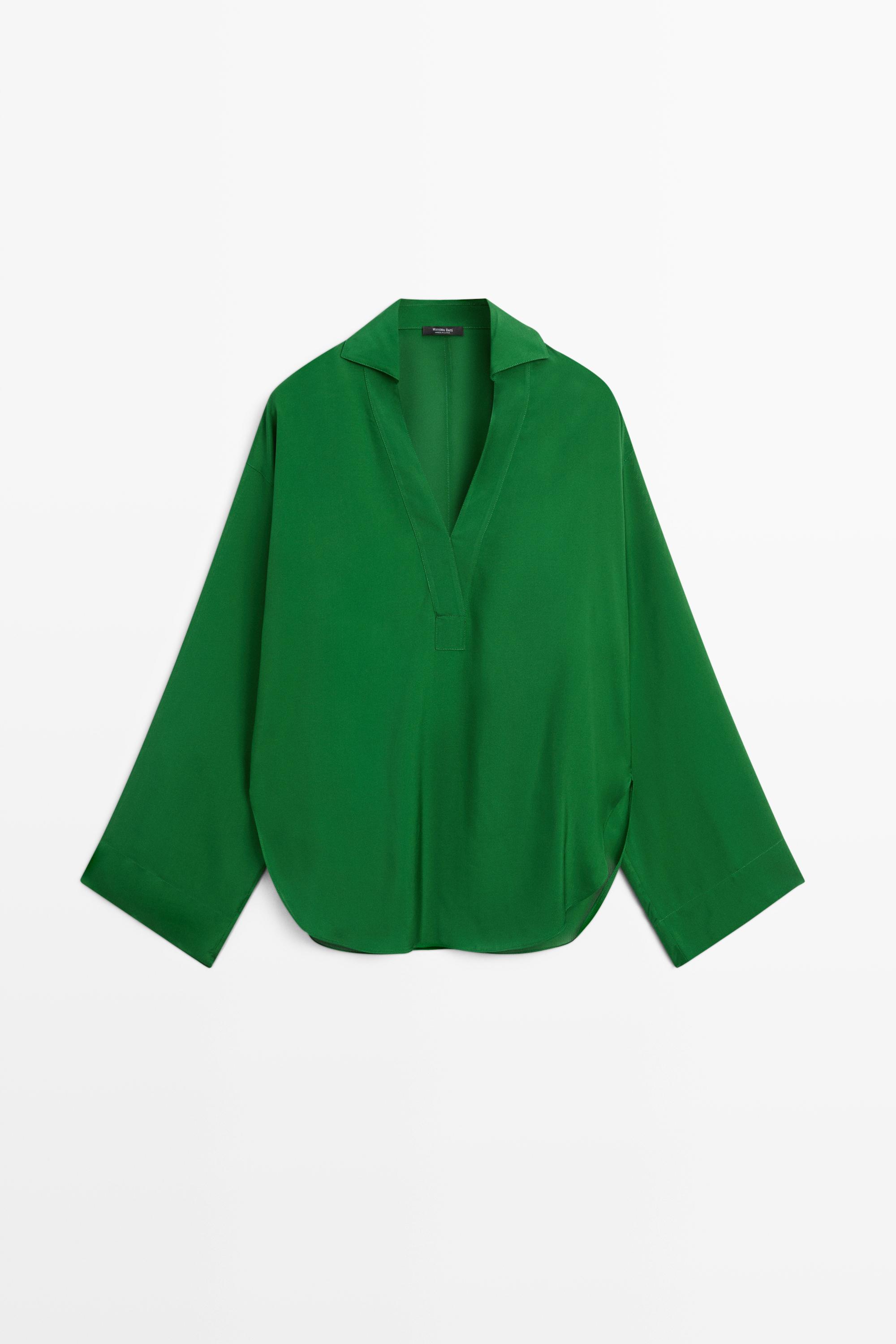 Long sleeve flowing polo shirt Green