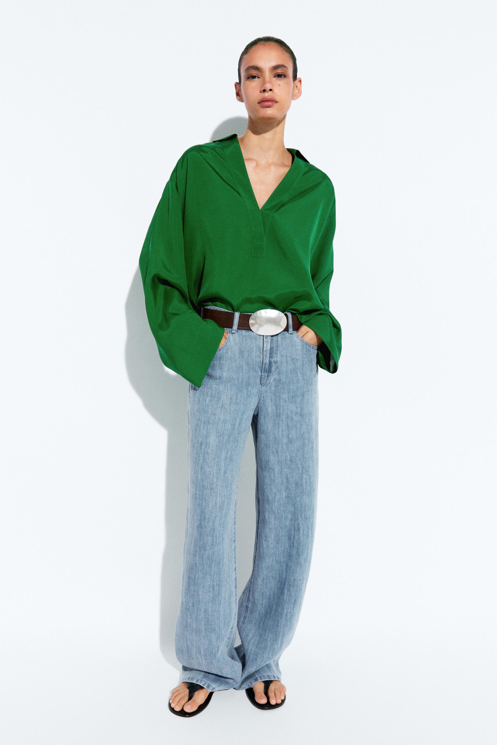 Long sleeve flowing polo shirt Green
