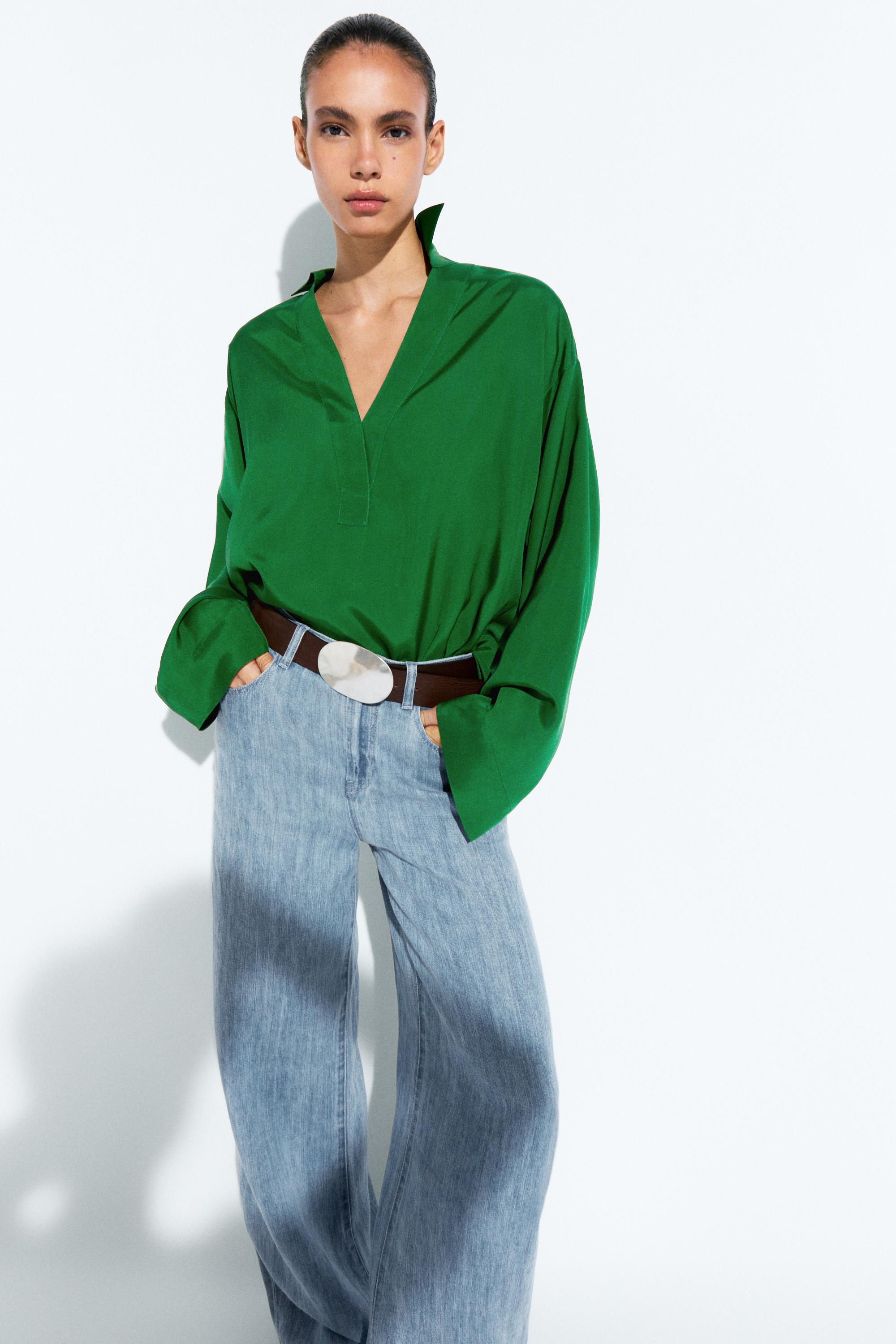 Long sleeve flowing polo shirt Green