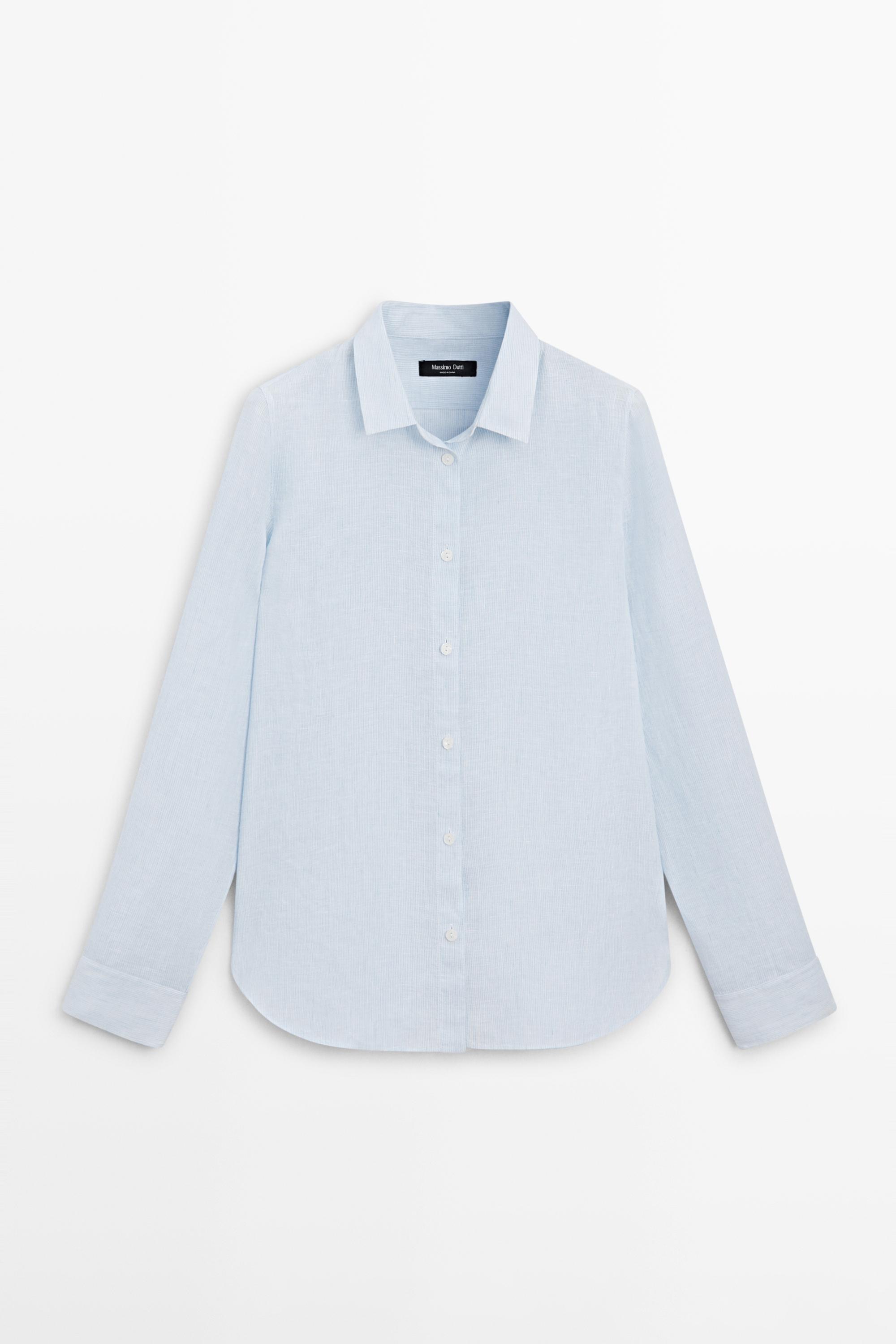 Regular fit 100% linen pinstriped shirt Sky Blue
