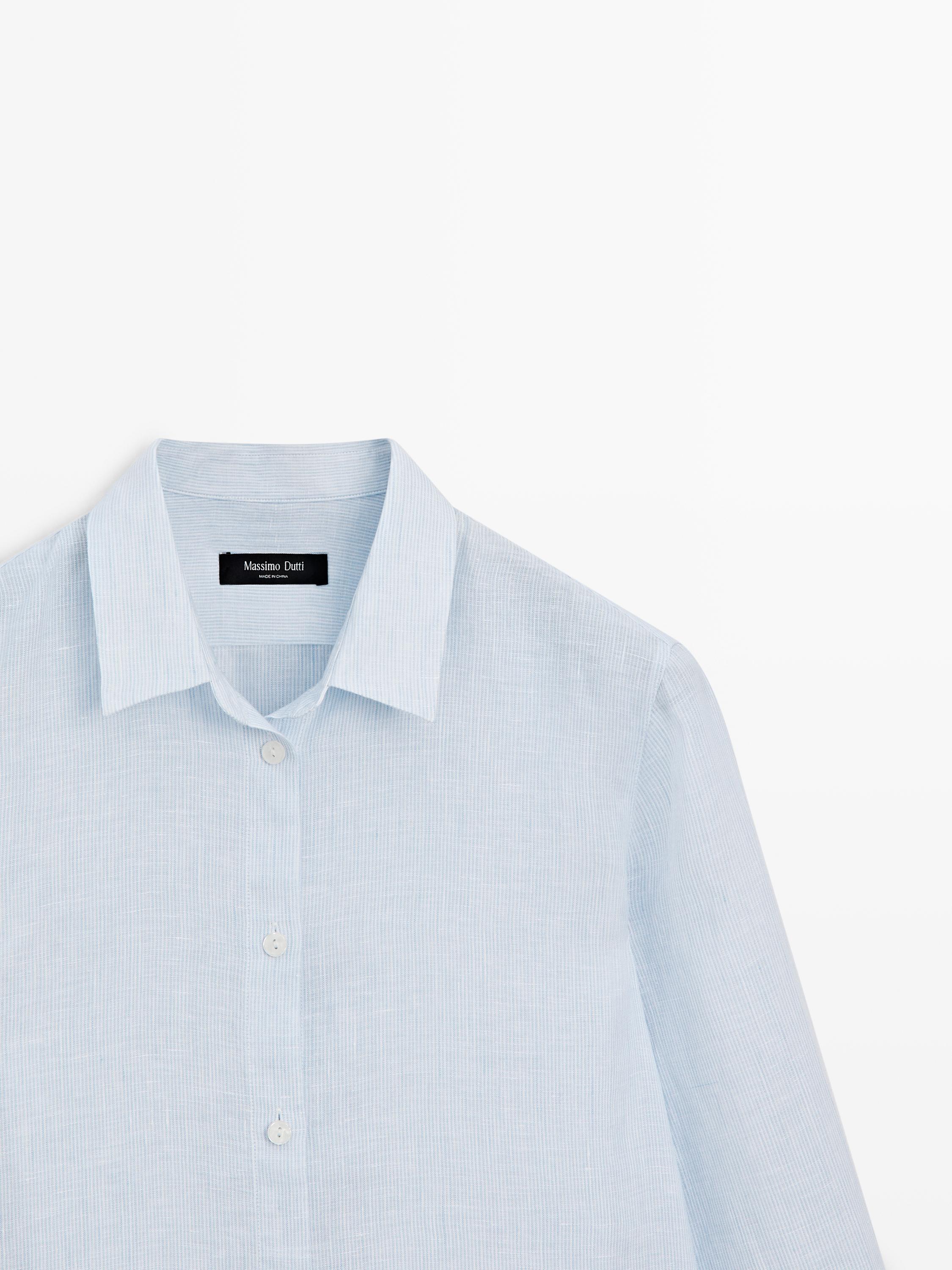 Regular fit 100% linen pinstriped shirt Sky Blue