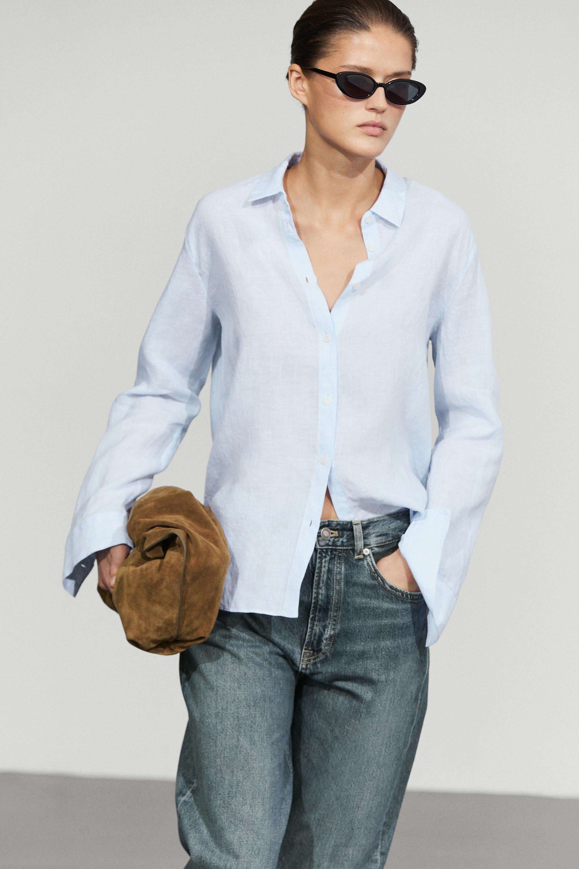 Regular fit 100% linen pinstriped shirt Sky Blue