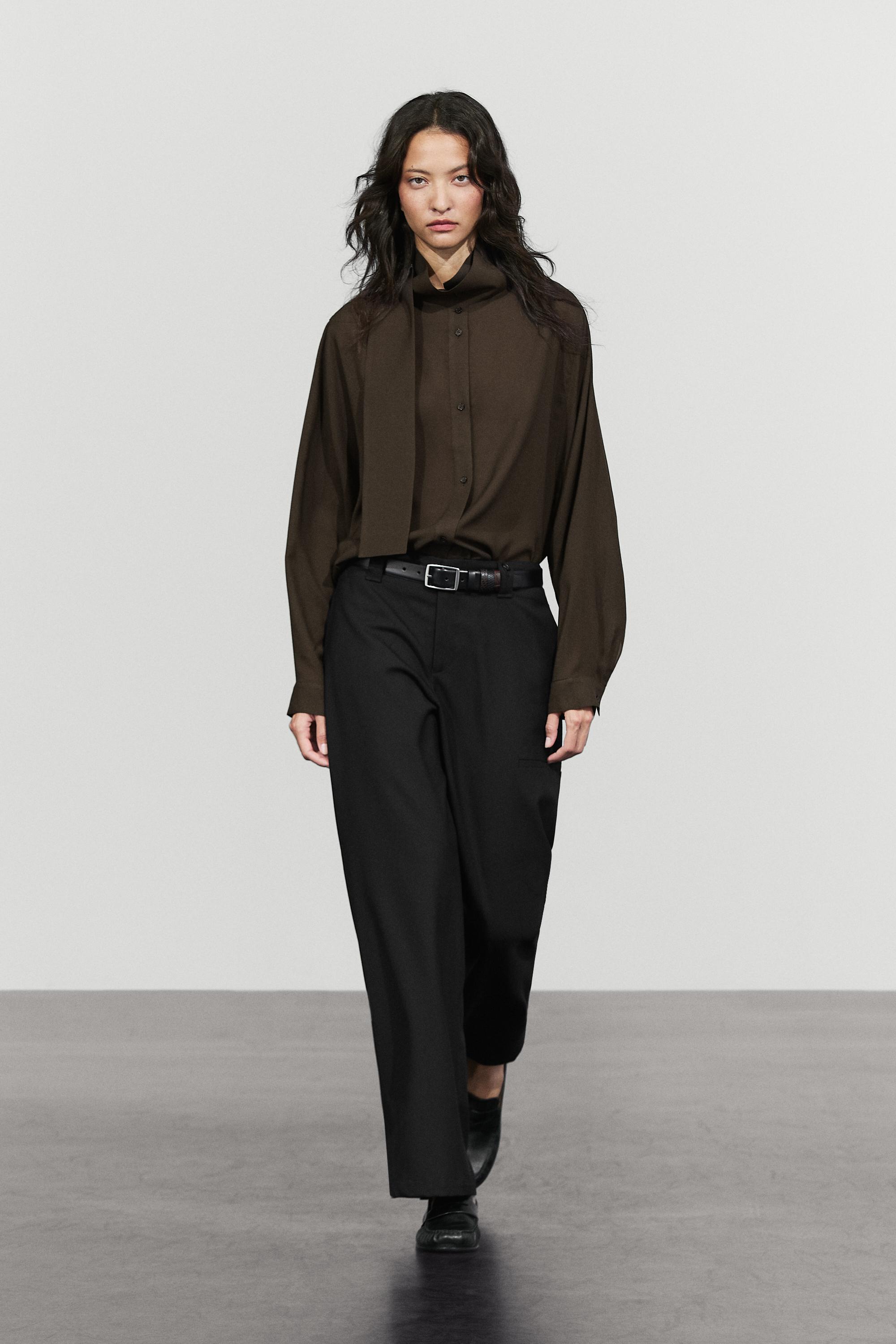 Semi-sheer shirt with tie detail Brown