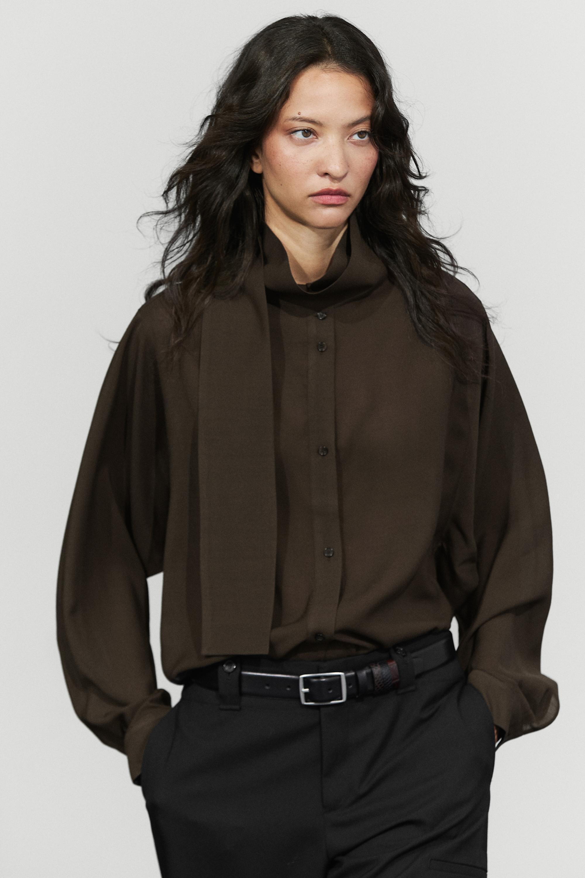 Semi-sheer shirt with tie detail Brown