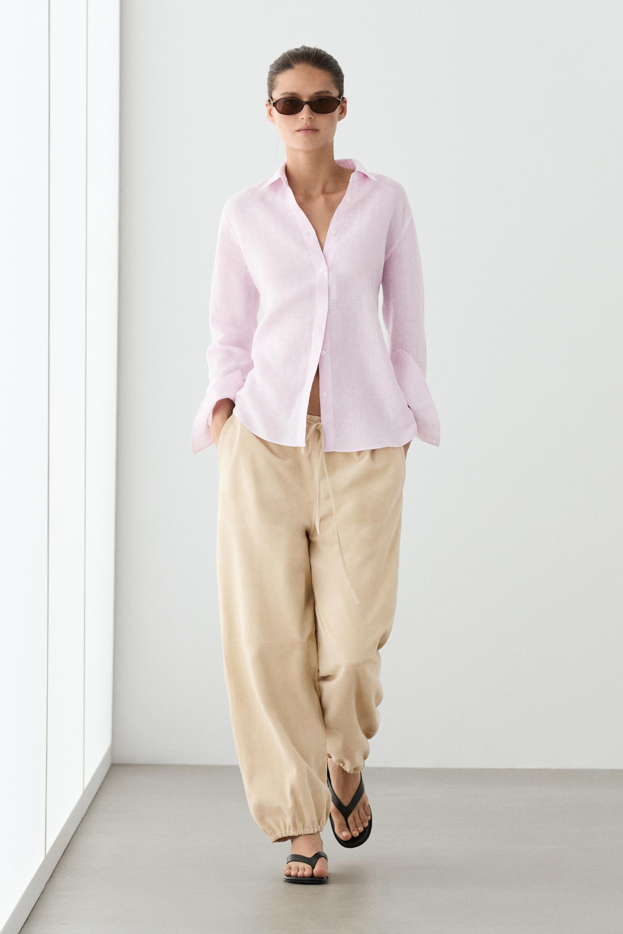 100% linen shirt with striped details Pink