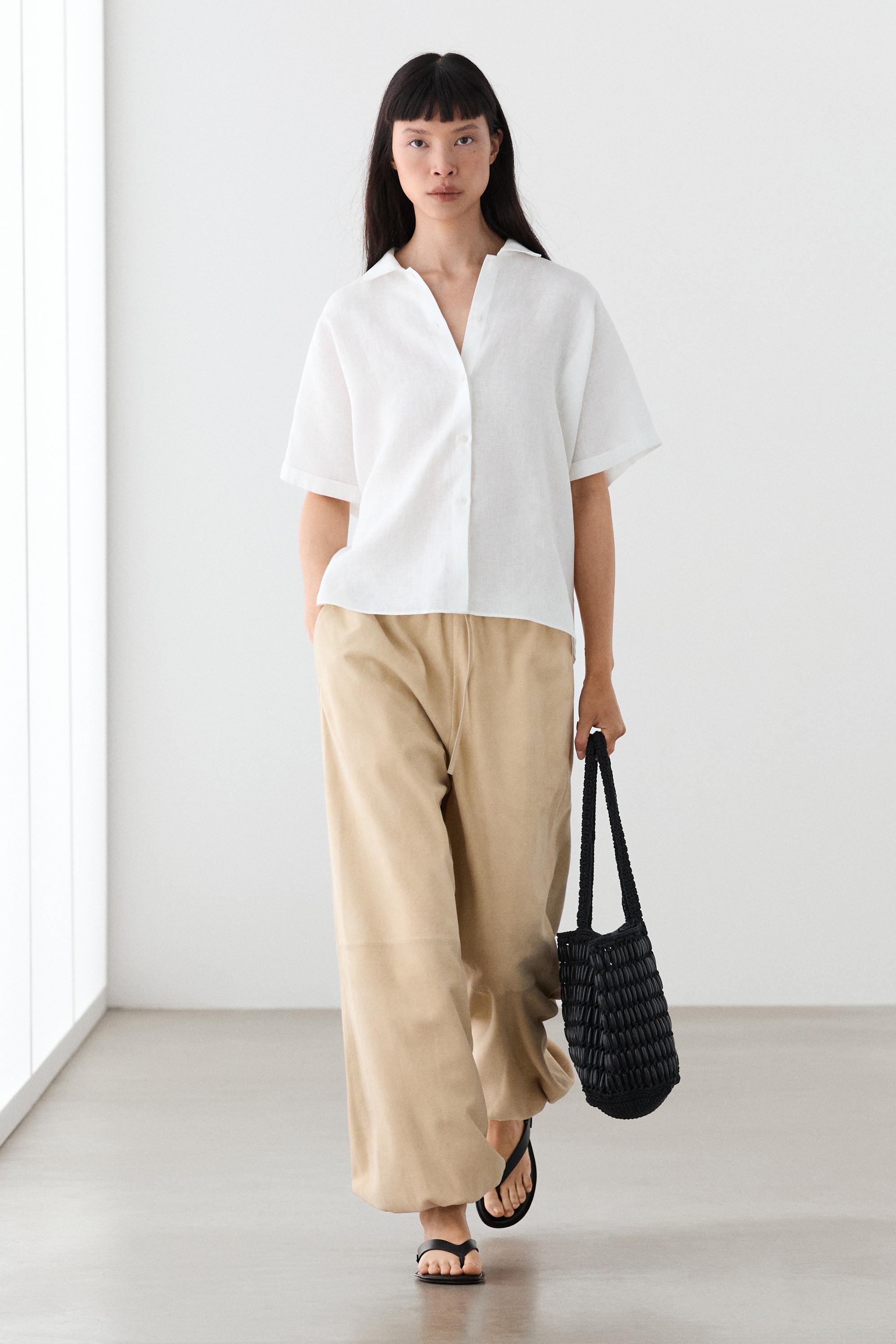 100% linen short sleeve shirt White