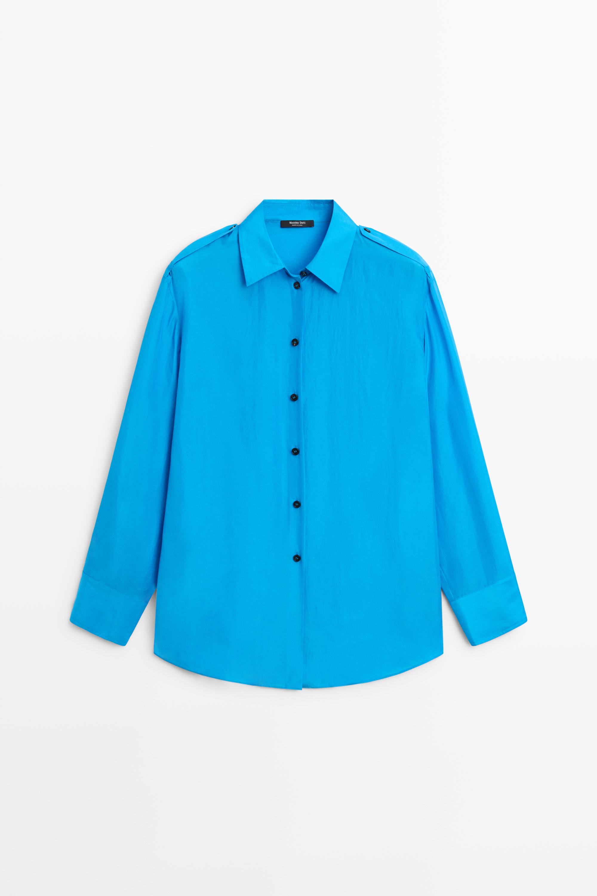 Flowing 100% silk shirt with shoulder detail Deep Blue