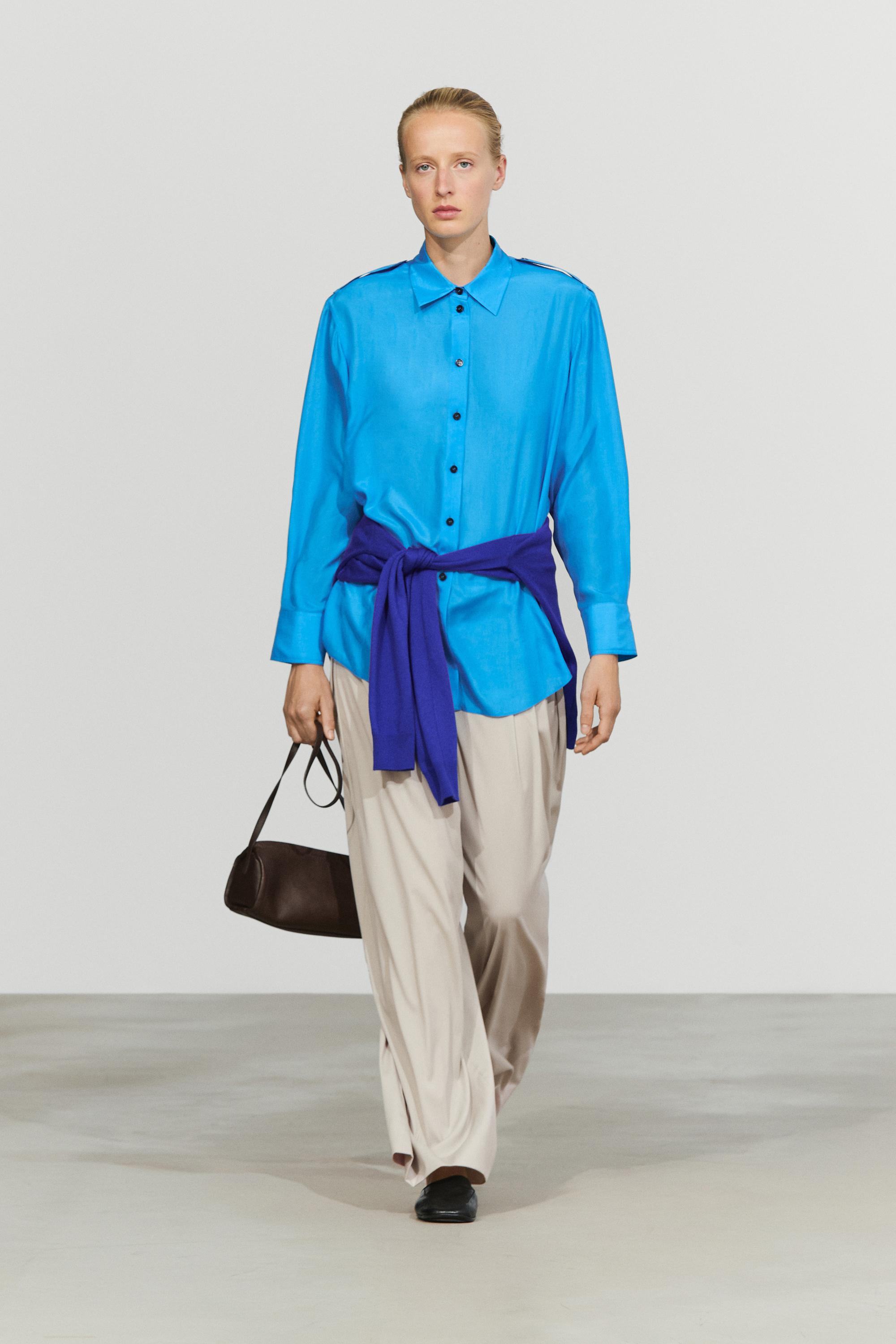 Flowing 100% silk shirt with shoulder detail Deep Blue
