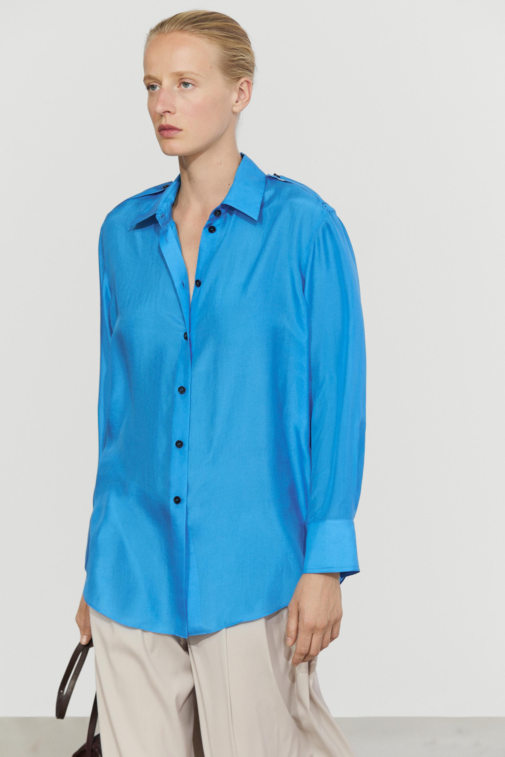 Flowing 100% silk shirt with shoulder detail Deep Blue